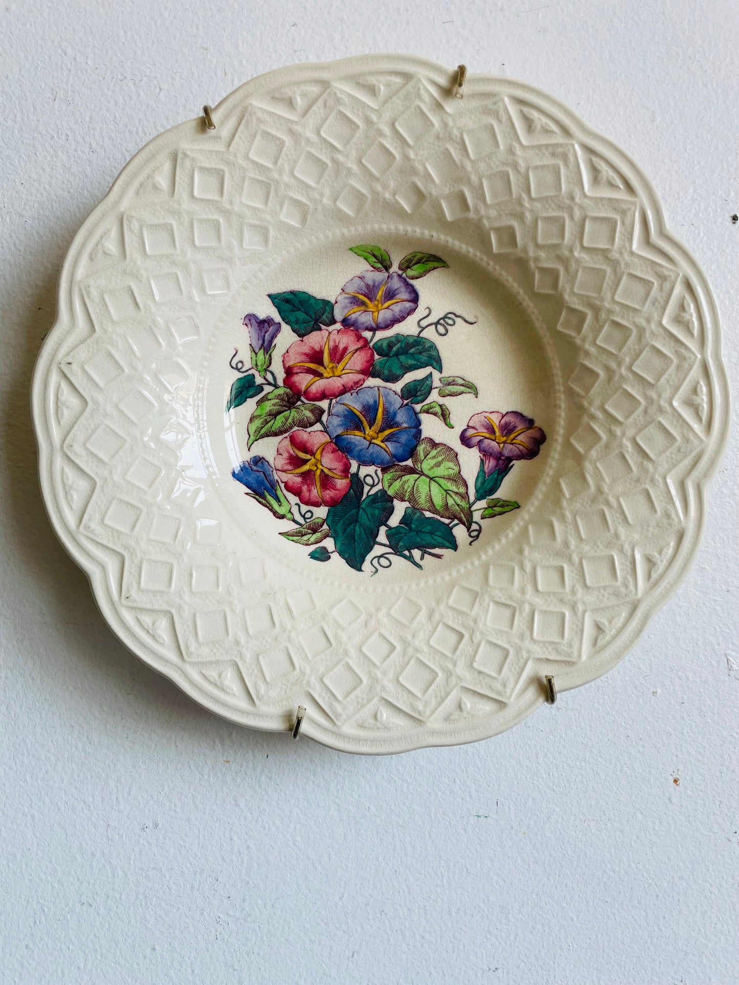 Vintage 1940s Morning Glory Wedgwood Etruria England Bowl Dish with Flower Design - Includes Wall Plate Hanger but Could Use Without