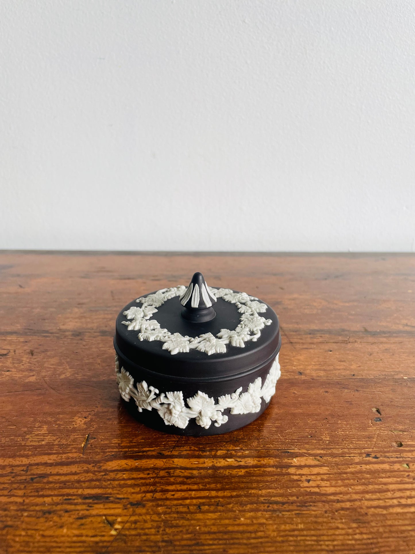 Black Jasperware Wedgwood Round Trinket Dish with Lid - Made in England