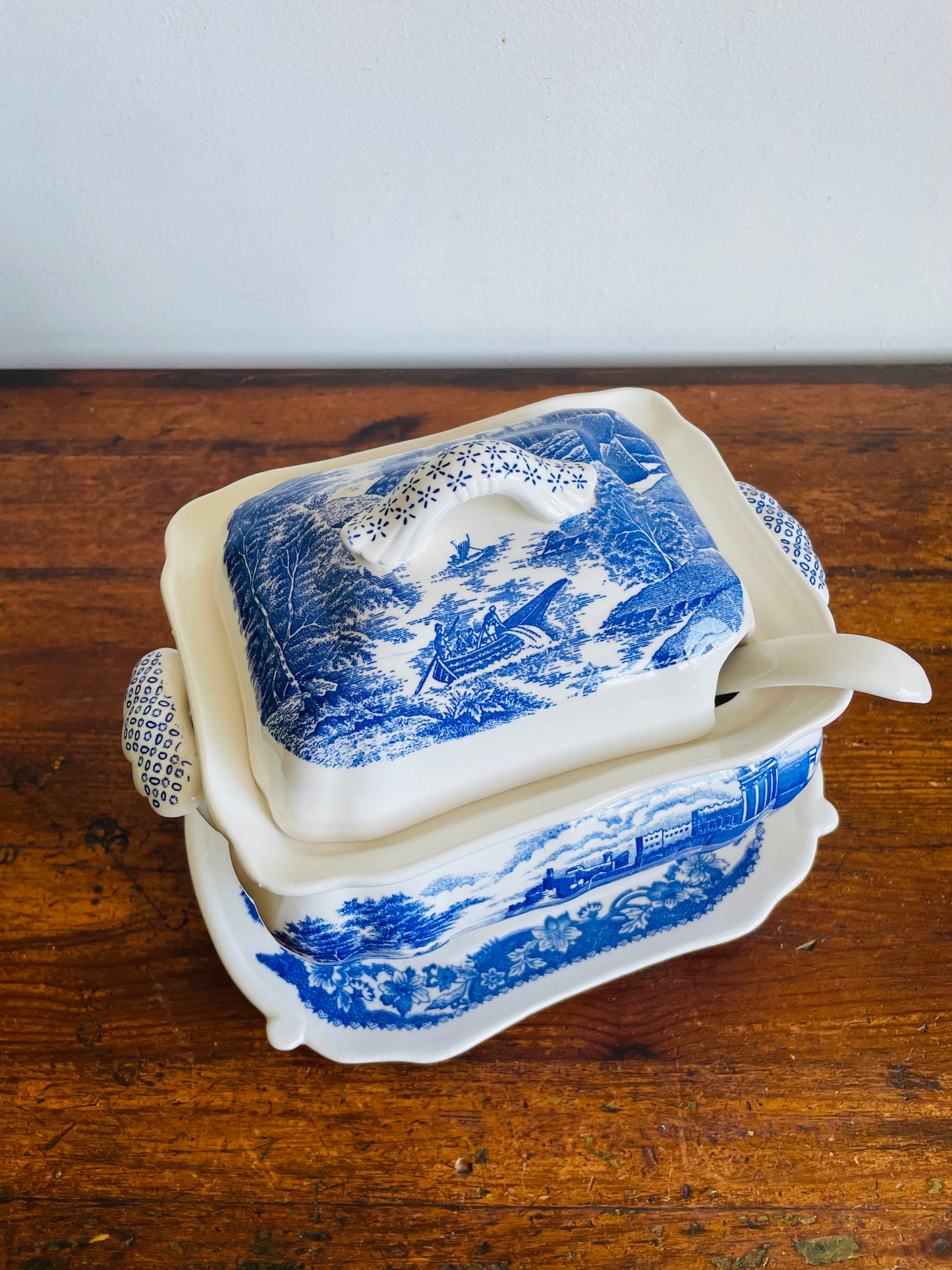Vintage Large Blue & White Transferware Soup Tureen with Tray, Lid & Ladle with River Castle Scene - 4 Pieces