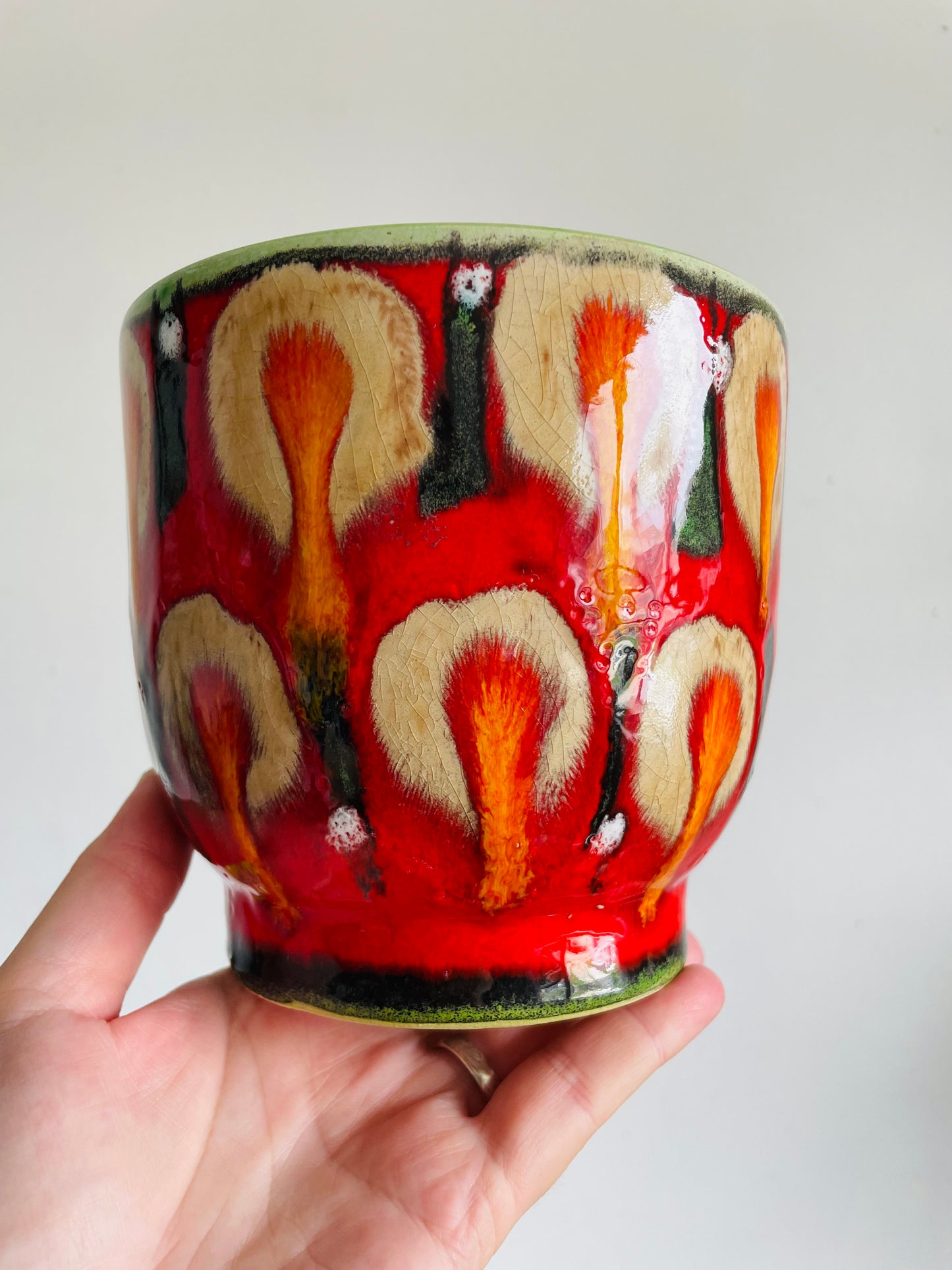 Vintage Bright Red 5" Planter Pot with Orange & Brown Drippy Design
