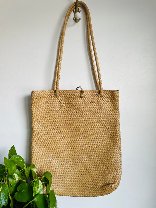 Woven Straw Purse Bag with Handles & Buckle