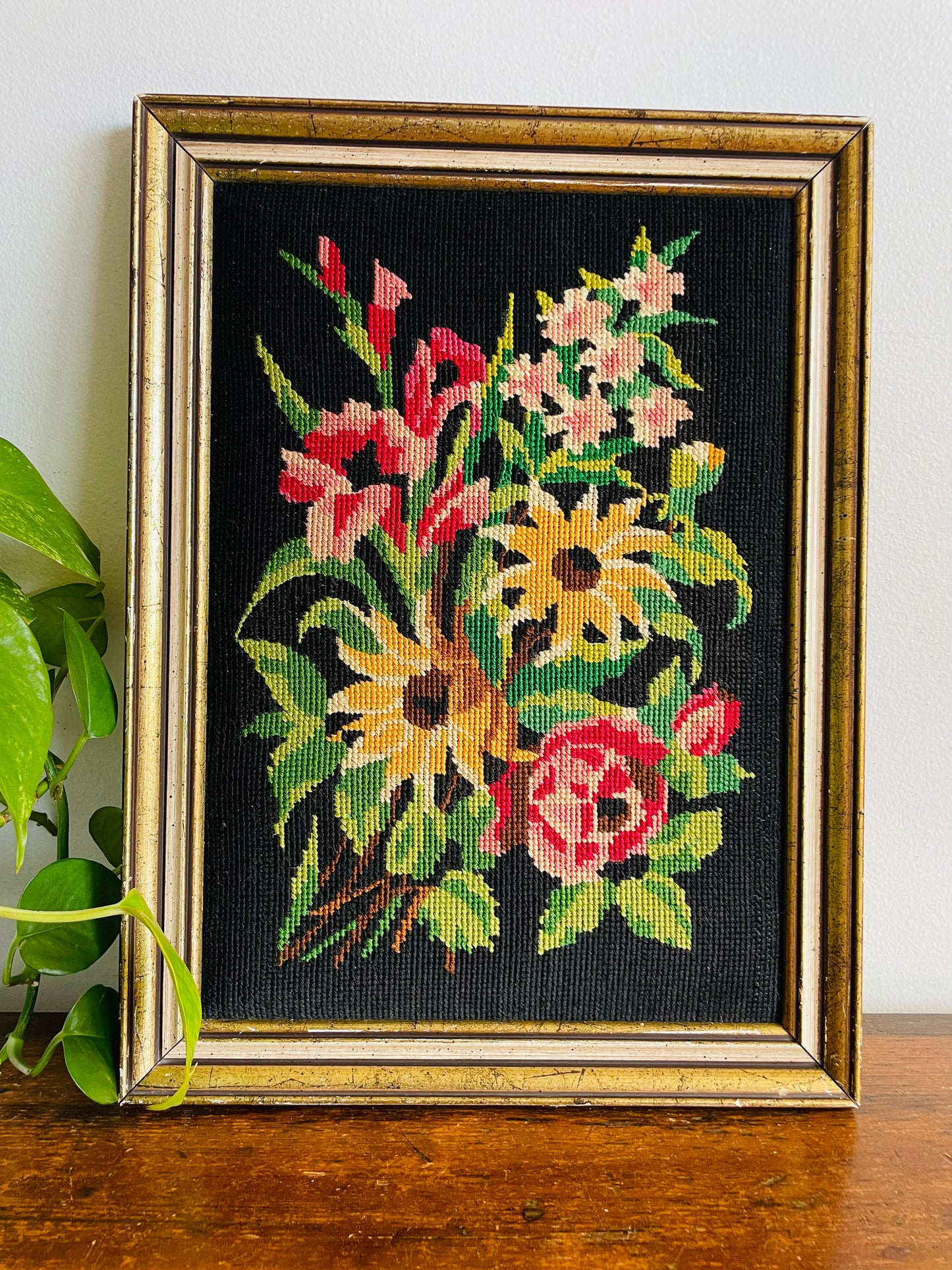 Stunning Floral Needlepoint Embroidery Picture with Bright Flowers on Black Background