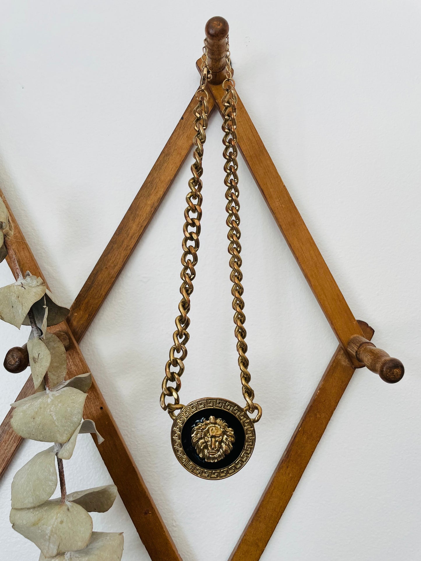 Brass & Enamel Lion Head Medusa Medallion Necklace on Heavy Chain - Big Cat Leo Astrology Jewellery