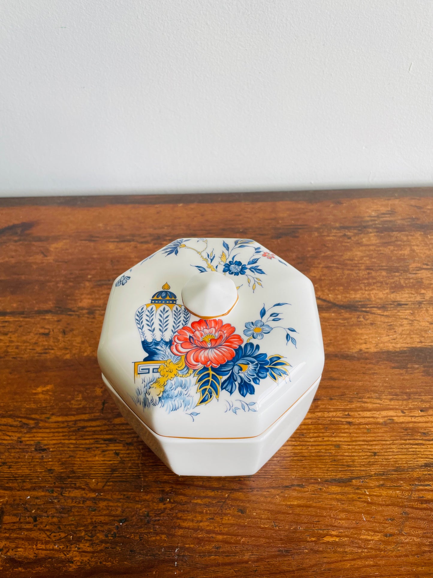 Crown Staffordshire Penang Fine Bone China Octagon Biscuit Canister Jar with Lid