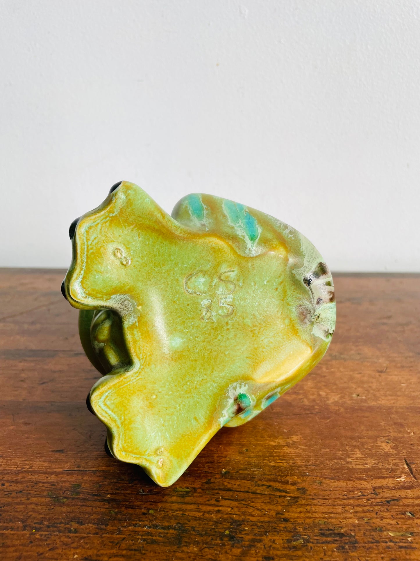 Vintage Wide Mouthed Green Frog Scrubbie Sponge Holder with Acid Drip Turquoise & Brown Glaze - Hand Painted in 1985