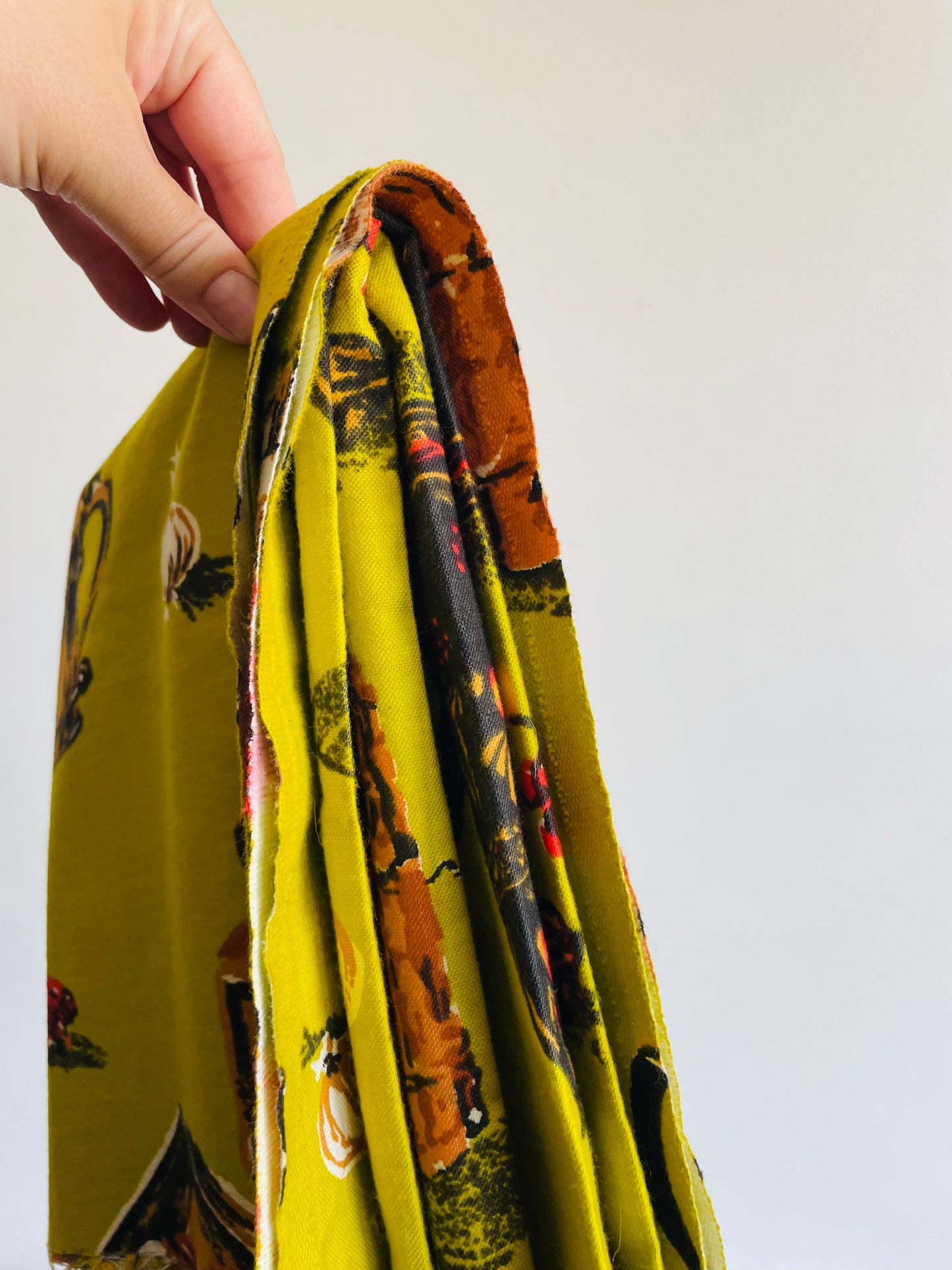 Bright Chartreuse Coloured Fabric with Fun Vegetable, Fruit, & Flower Harvest Design