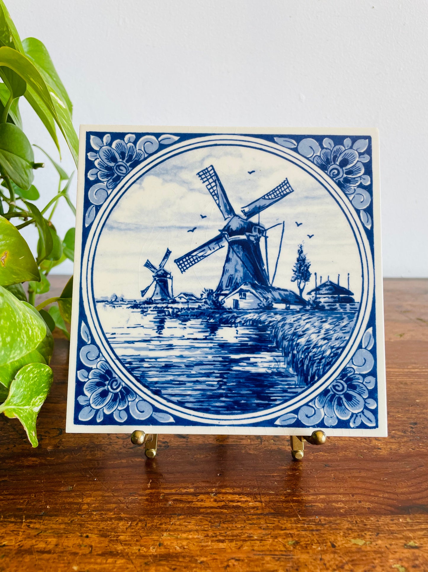 Vintage Delft Blue Dutch Windmill Hand Painted Tile - Can Hang on Wall - Made in Holland