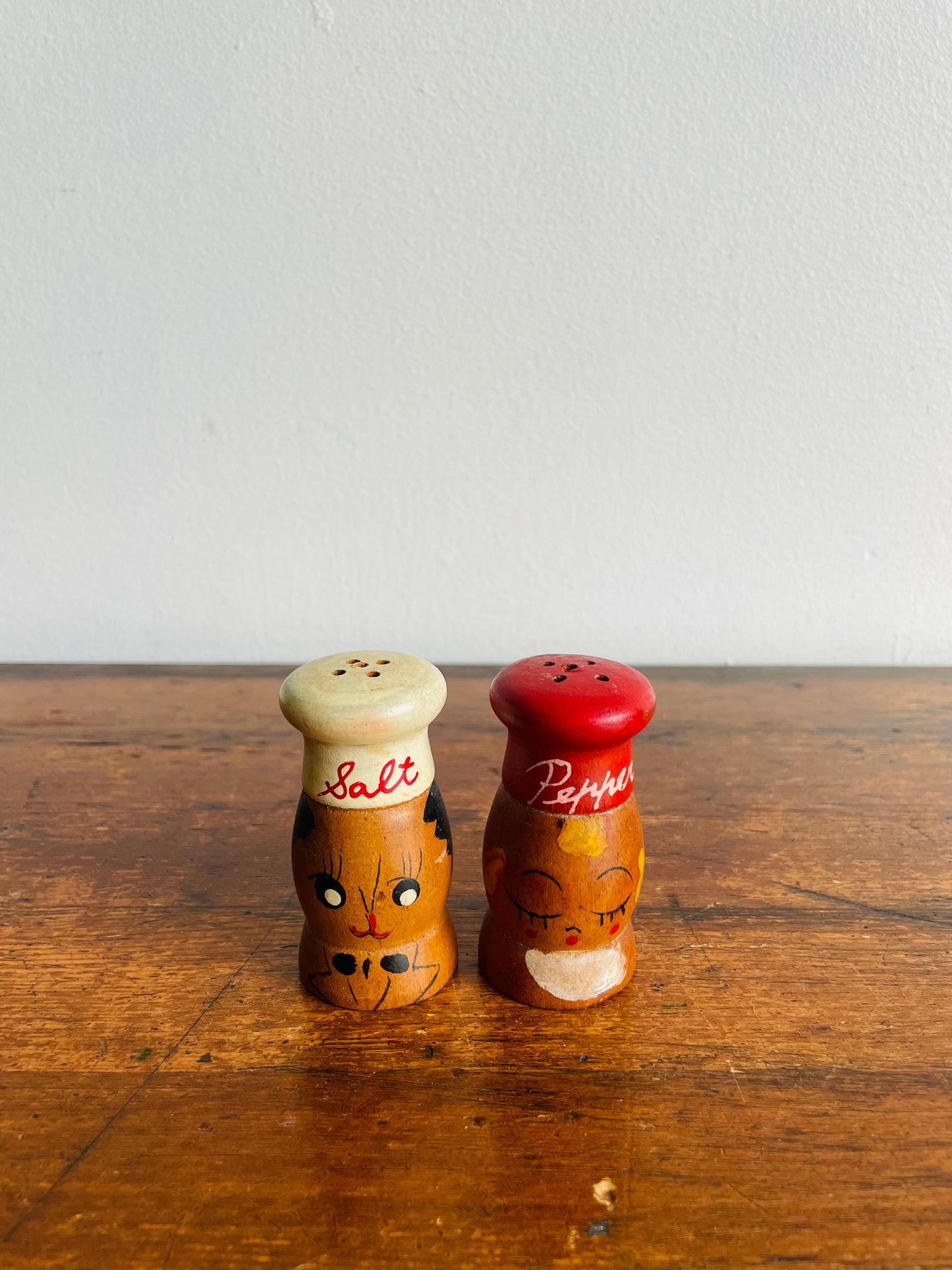 Adorable Wood Salt & Pepper Shakers with Hand Painted Faces