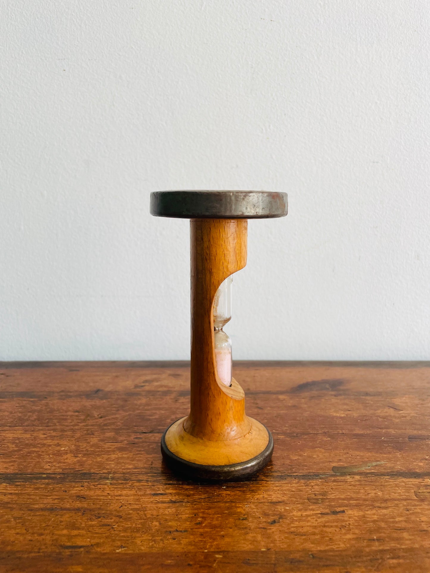 Hourglass Egg Timer Built Into Wood & Metal Bobbin Spool - 3.5 Minutes