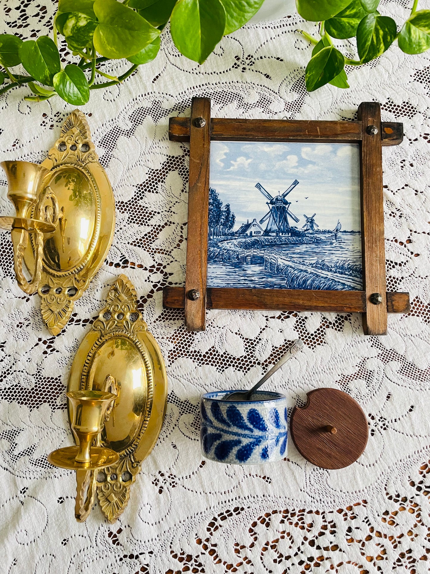 Vintage Delft Blue Hand-Painted Dutch Windmill Scene Wall Hanging Tile in Wood Frame - Made in Holland