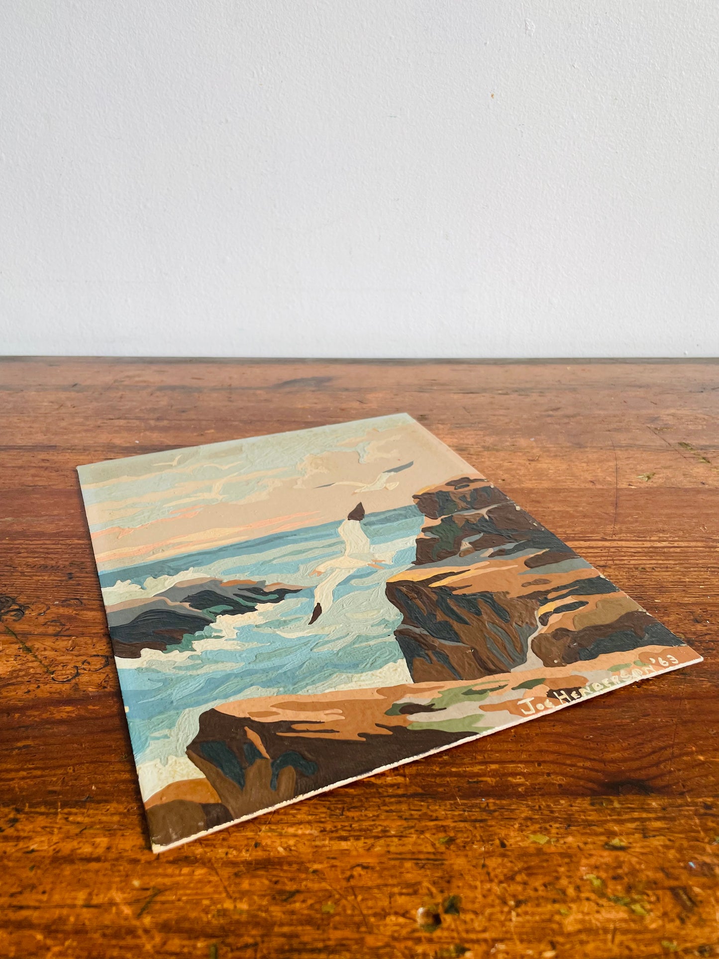 Vintage 1963 Paint by Number (PBN) Picture on Board of Seagulls in Flight over Cliffs & Crashing Waves- 8" x 10"