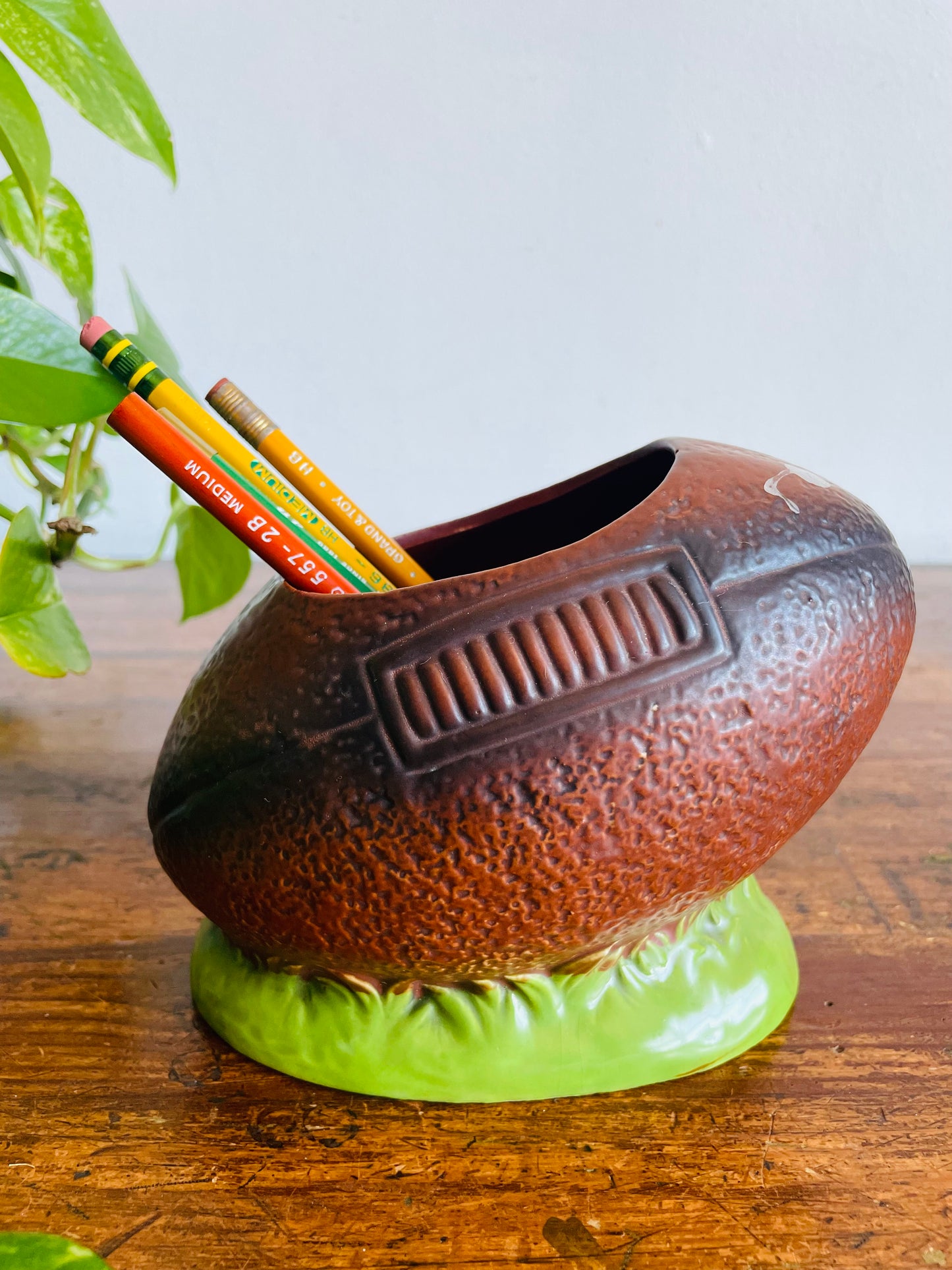 Vintage Ceramic Football Planter or Pencil Holder Cup - Made in Japan - Would Also Be Great to Hold Cutlery/Straws at a Football Party!