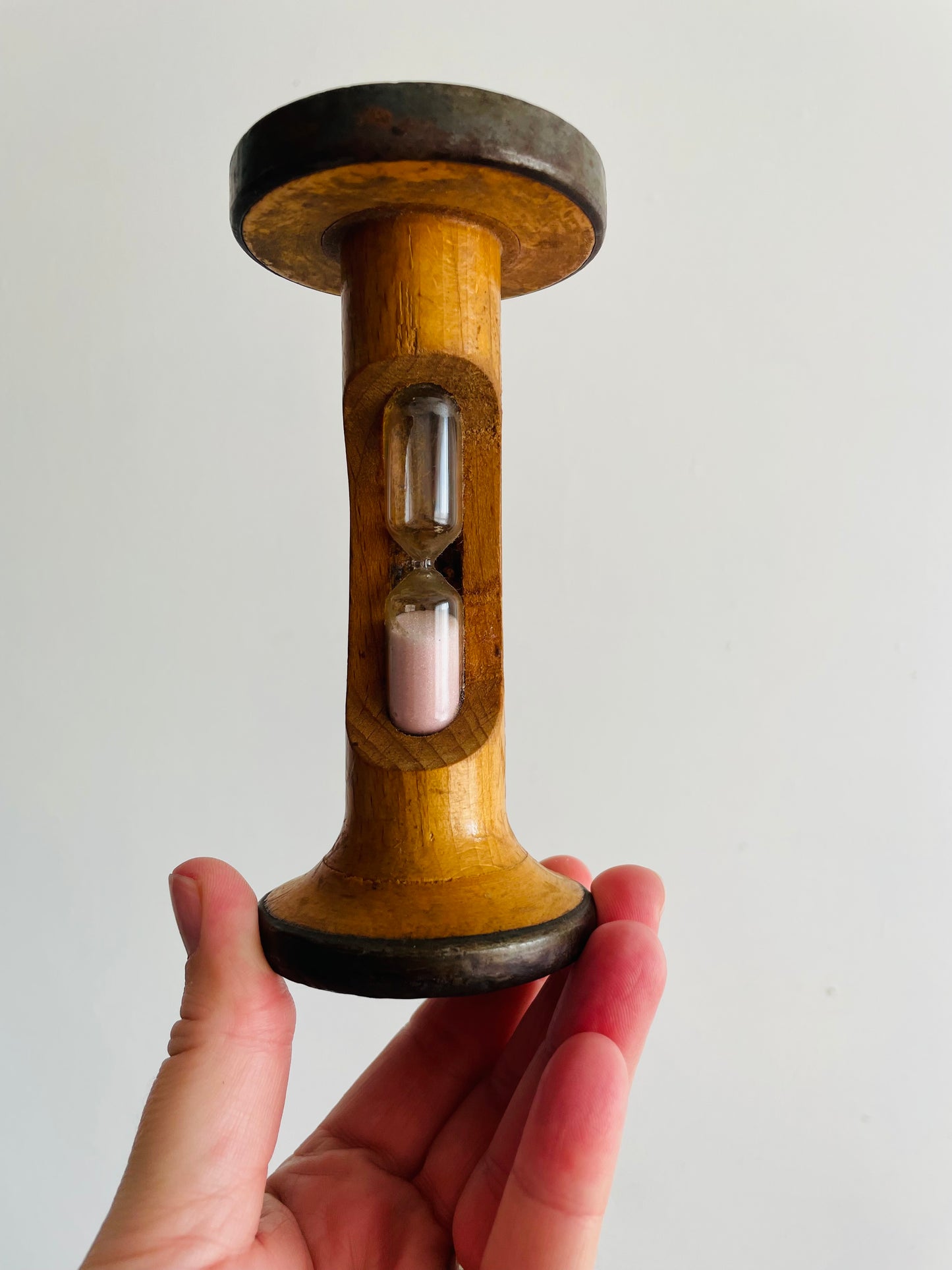 Hourglass Egg Timer Built Into Wood & Metal Bobbin Spool - 3.5 Minutes