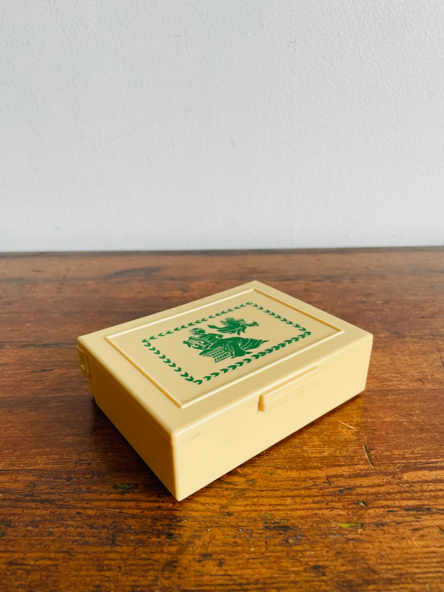 Celluloid Trinket Box with Hinged Lid & Green Grecian Design