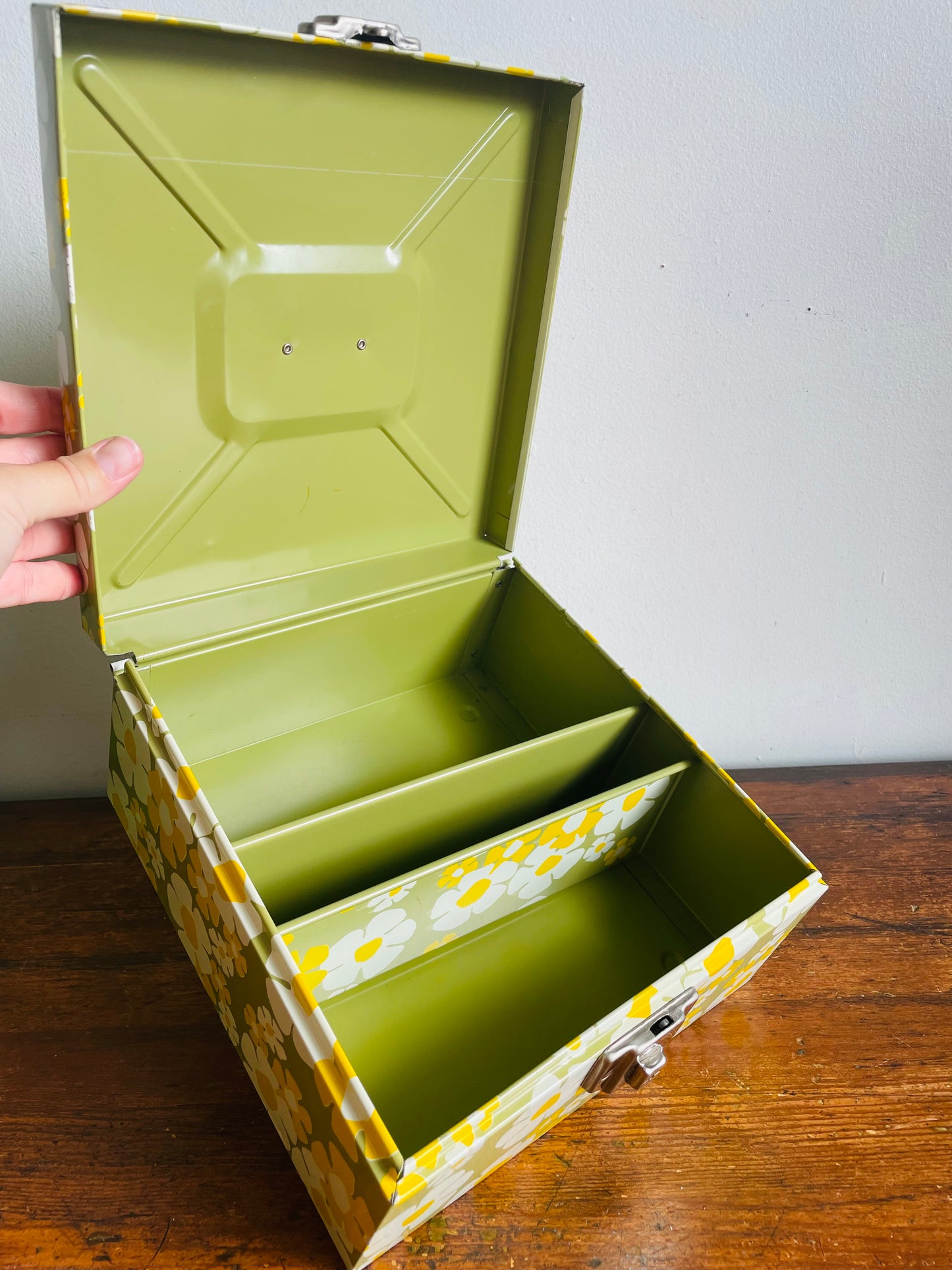 Vintage Flower Power Metal Filing Storage Box with Handle & Latch to Close - Has a Movable Tray Divider Inside