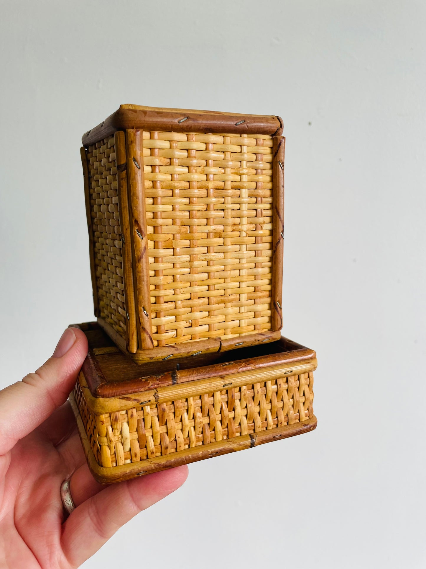 Wicker & Wood Desk or Vanity Organizer Box Compartment & Pencil Cup - Made in Hong Kong - Set of 2 Pieces