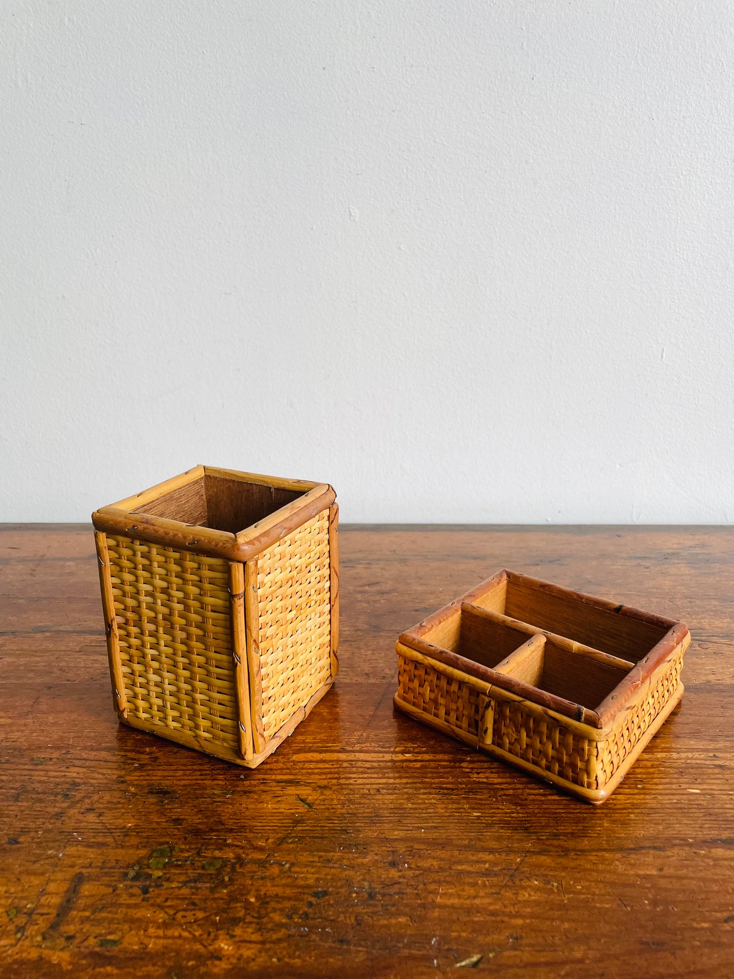 Wicker & Wood Desk or Vanity Organizer Box Compartment & Pencil Cup - Made in Hong Kong - Set of 2 Pieces