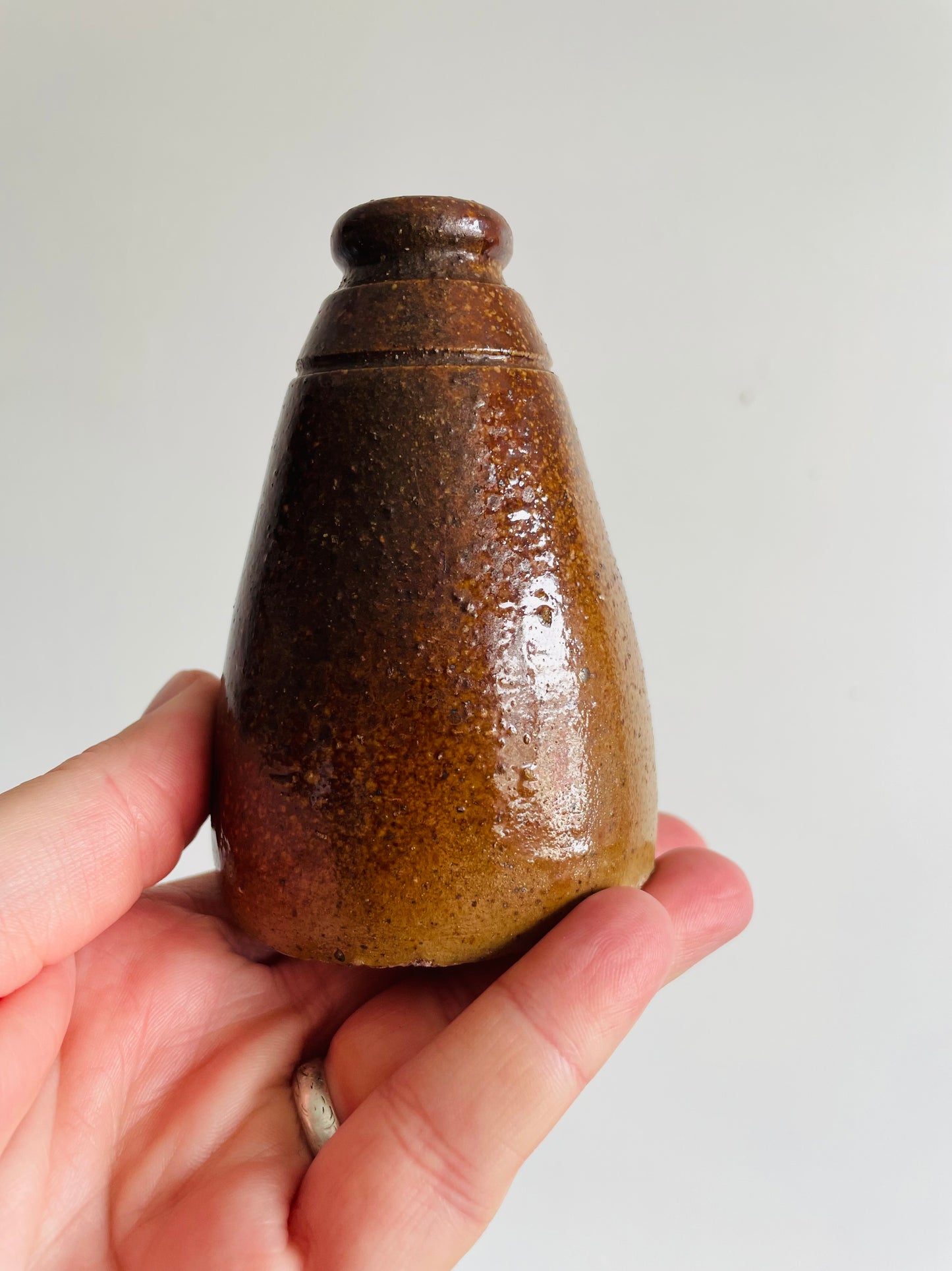 Antique Brown Salt Glaze Stoneware Pottery Cone Shaped Ink Well Bottle - Makes a Great Bud Vase!