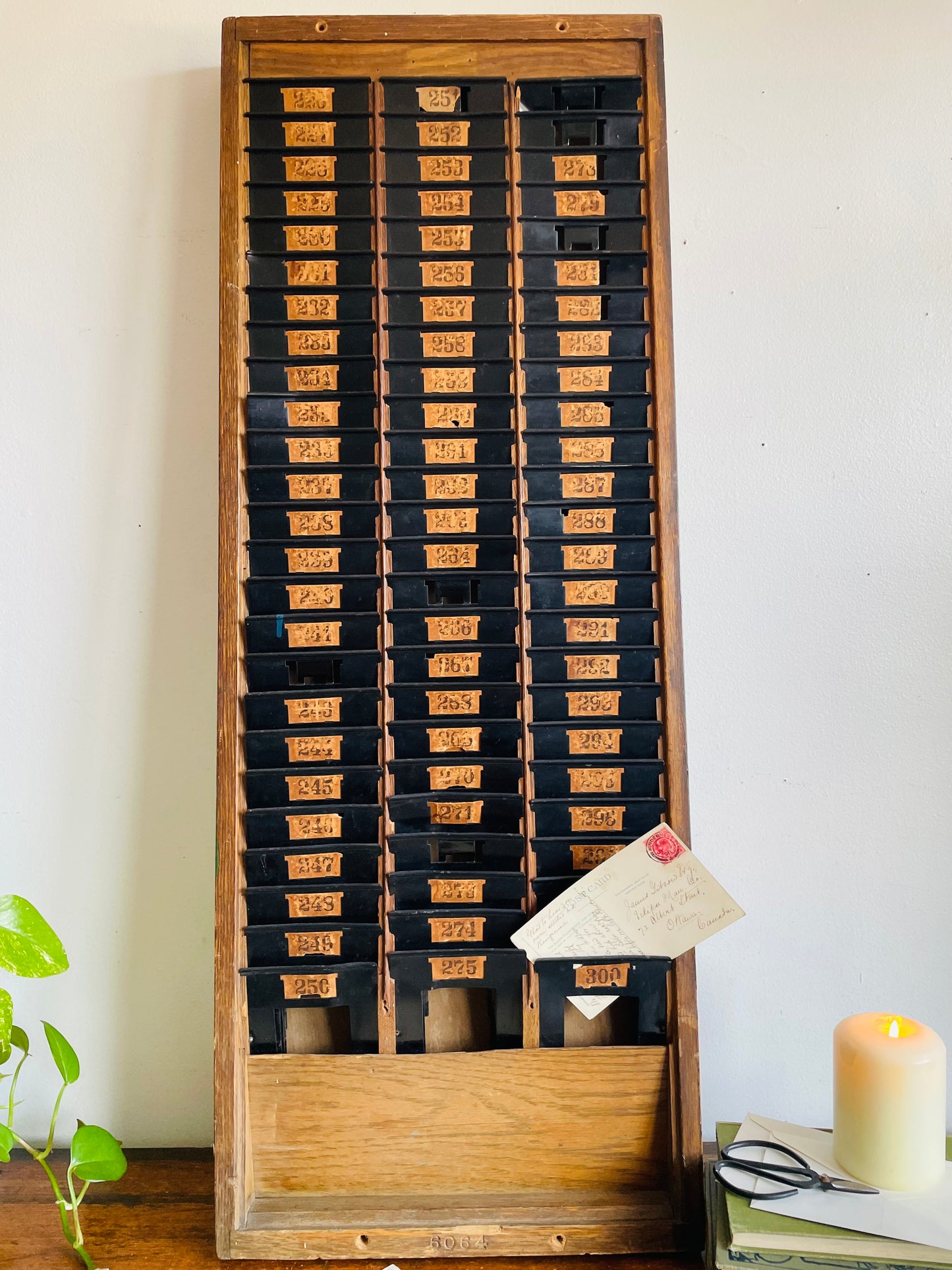 Antique Industrial Wood & Metal Time Card Slot Rack Holder with Numbers - Apothecary Shelf Decor Style - Can Lean or Hang on Wall