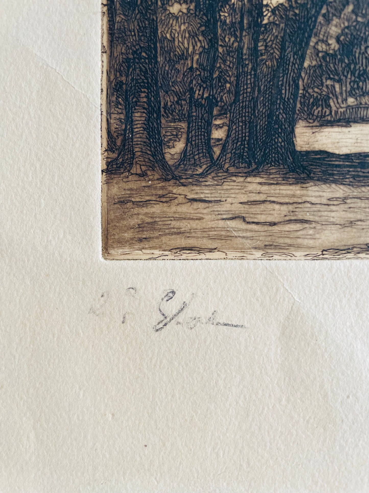 Etched Picture of Cow Grazing Under Tree with Town & Steeple in Background - Artist Signed