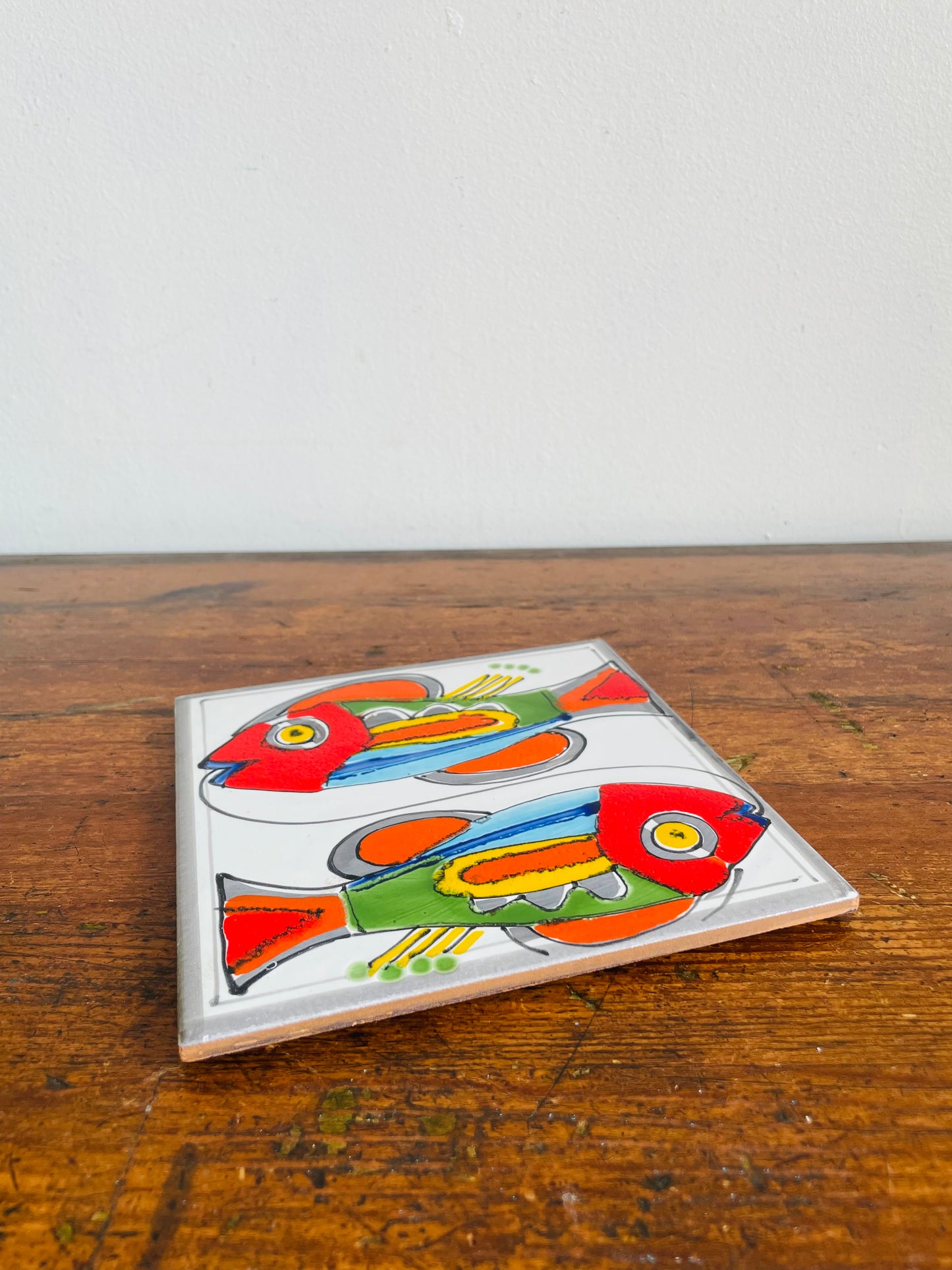 Cannara Tile Trivet with Bright Hand Painted Pisces Zodiac Fish Design - Made in Italy