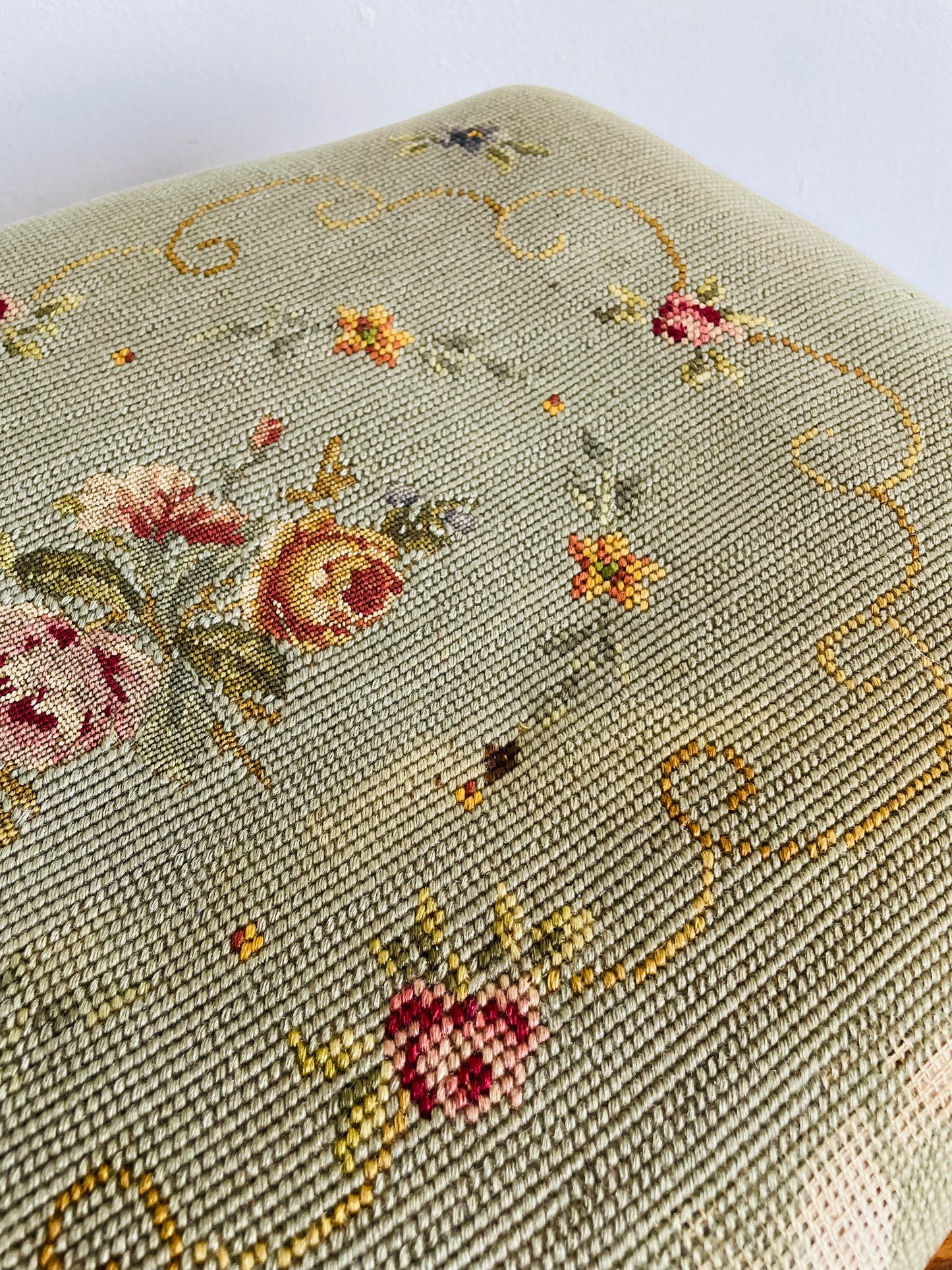 Antique Victorian Solid Wood & Floral Needlepoint Embroidery Footstool