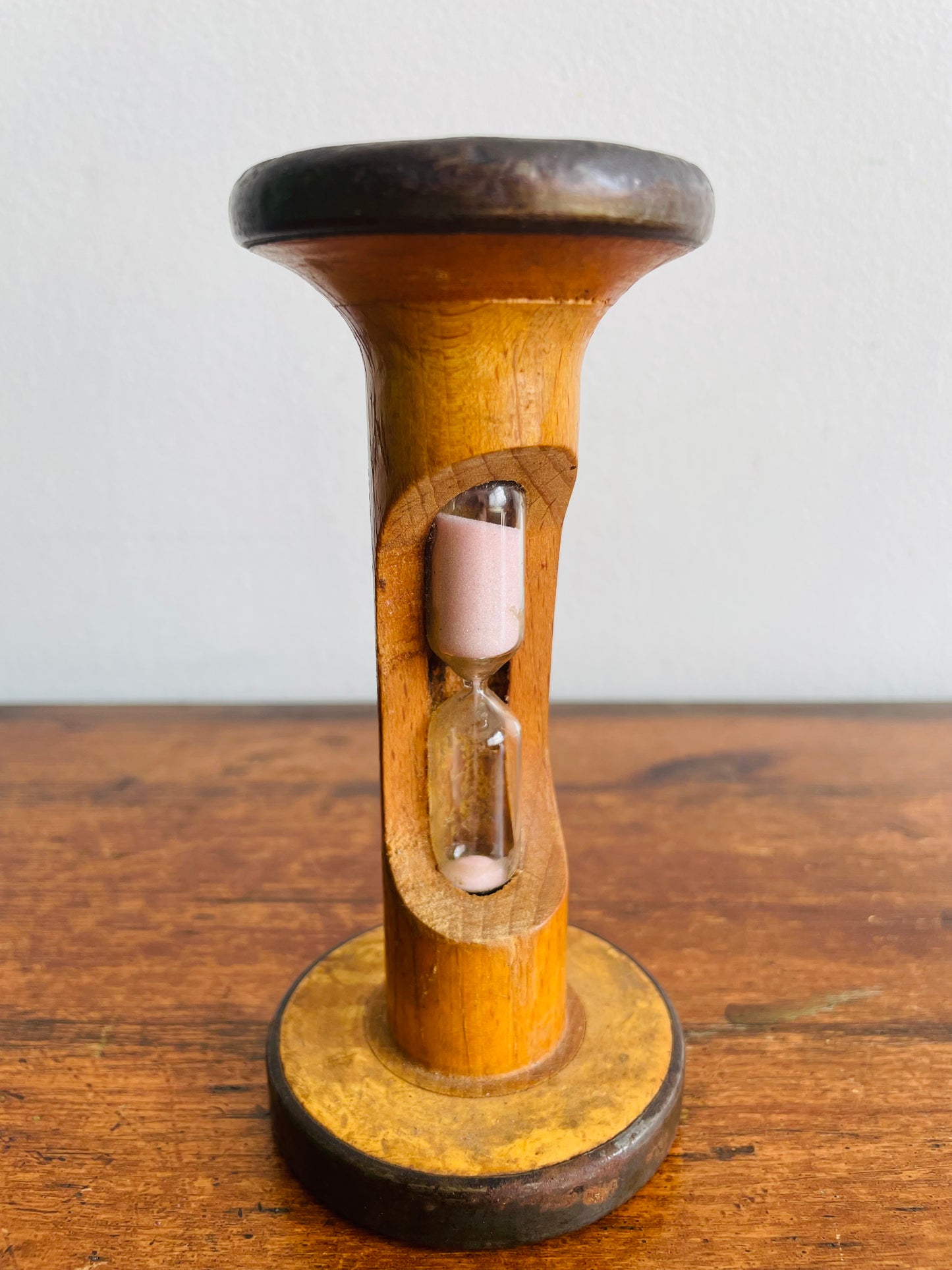 Hourglass Egg Timer Built Into Wood & Metal Bobbin Spool - 3.5 Minutes
