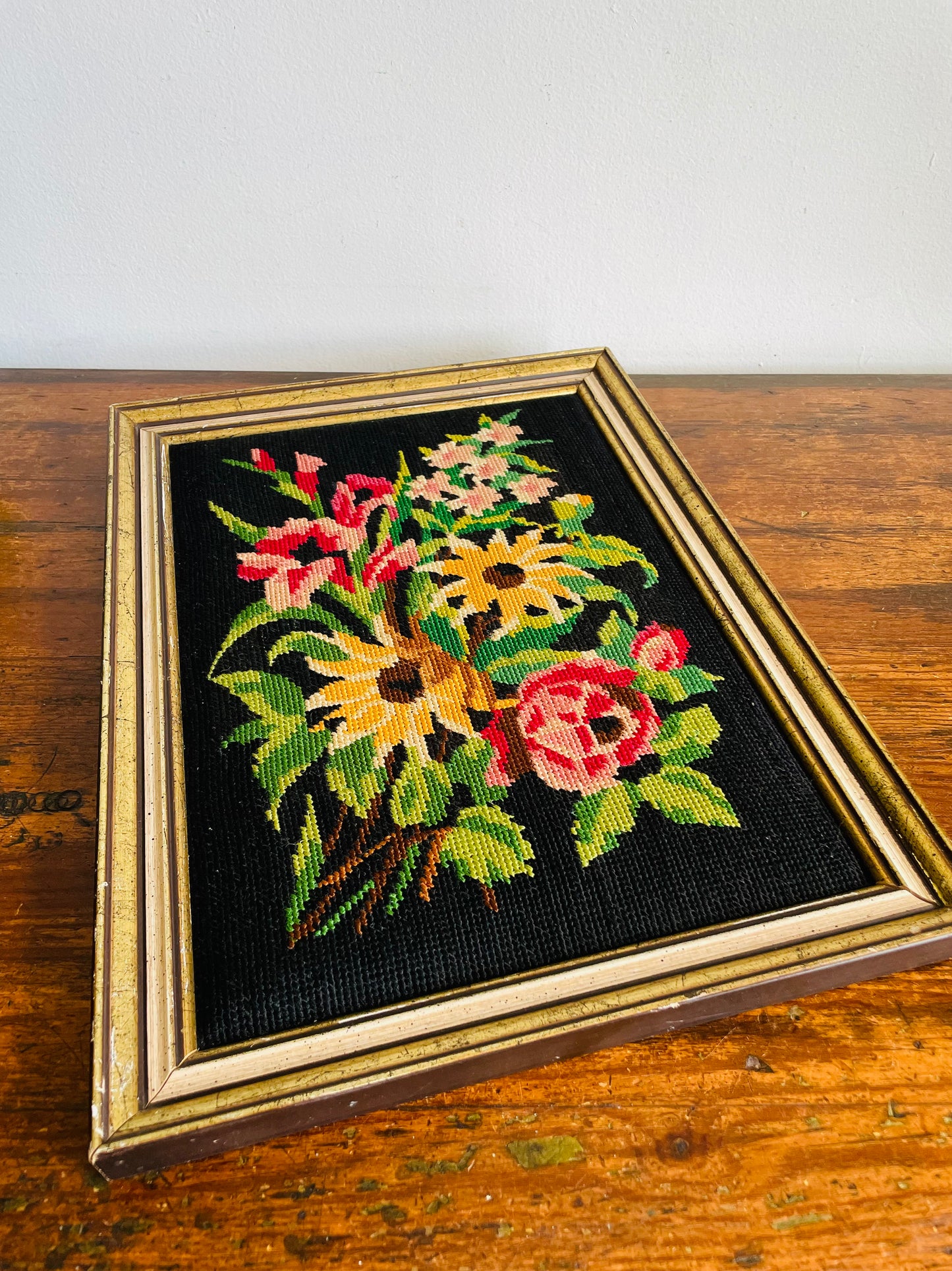 Stunning Floral Needlepoint Embroidery Picture with Bright Flowers on Black Background