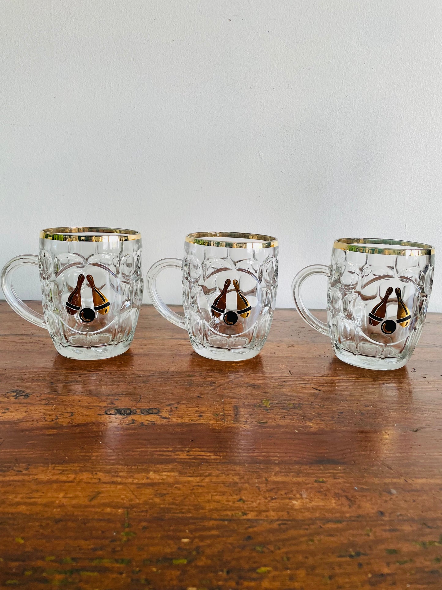 Beaverhead Glass Beer Mug Tankard with Bowling Graphic - Made in England - Set of 3