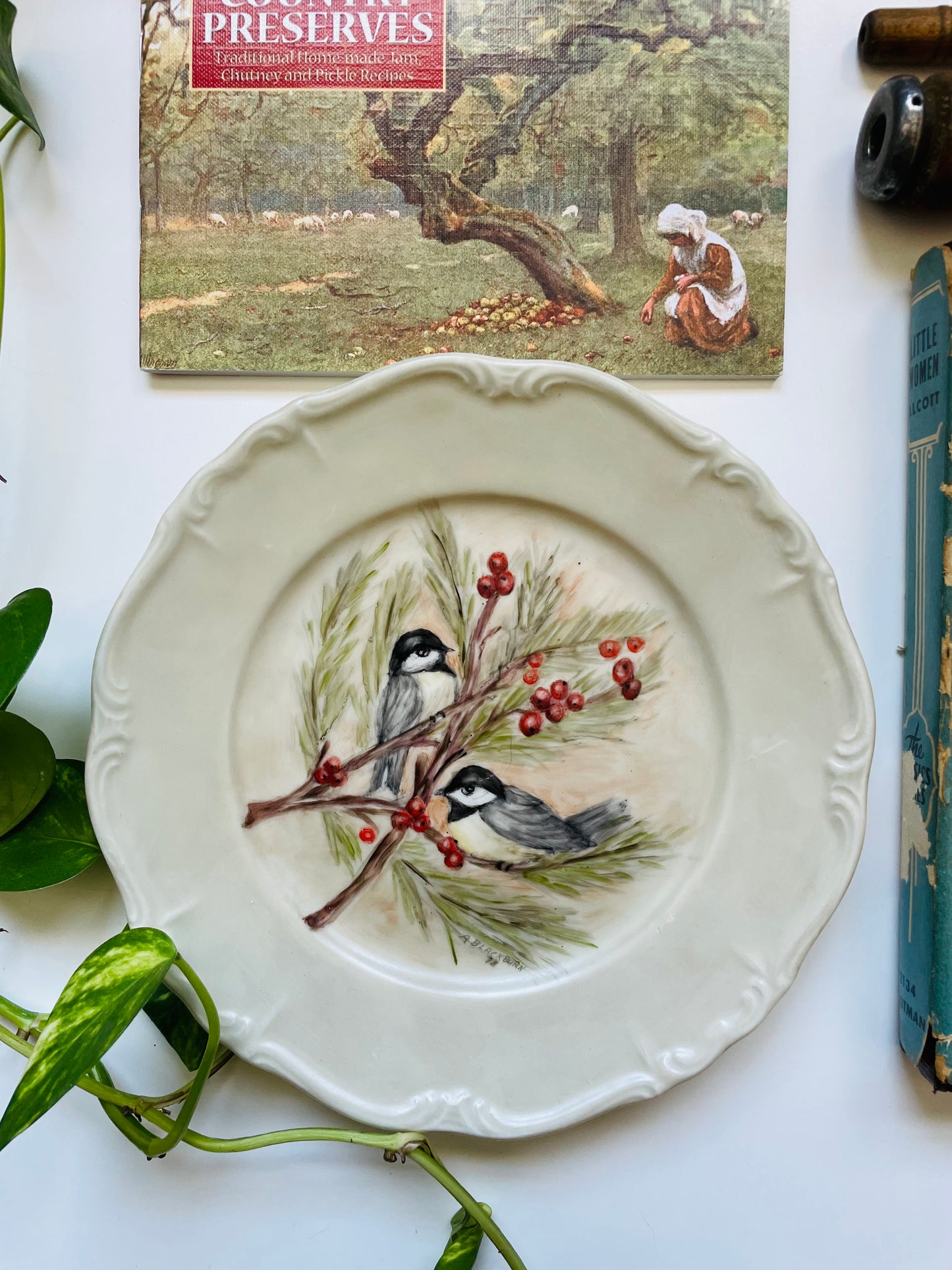 Edelstein Bavaria Maria-Theresia Germany Plate - Hand Painted with Chickadee Bird Winter Scene by A. Blackburn in 1978