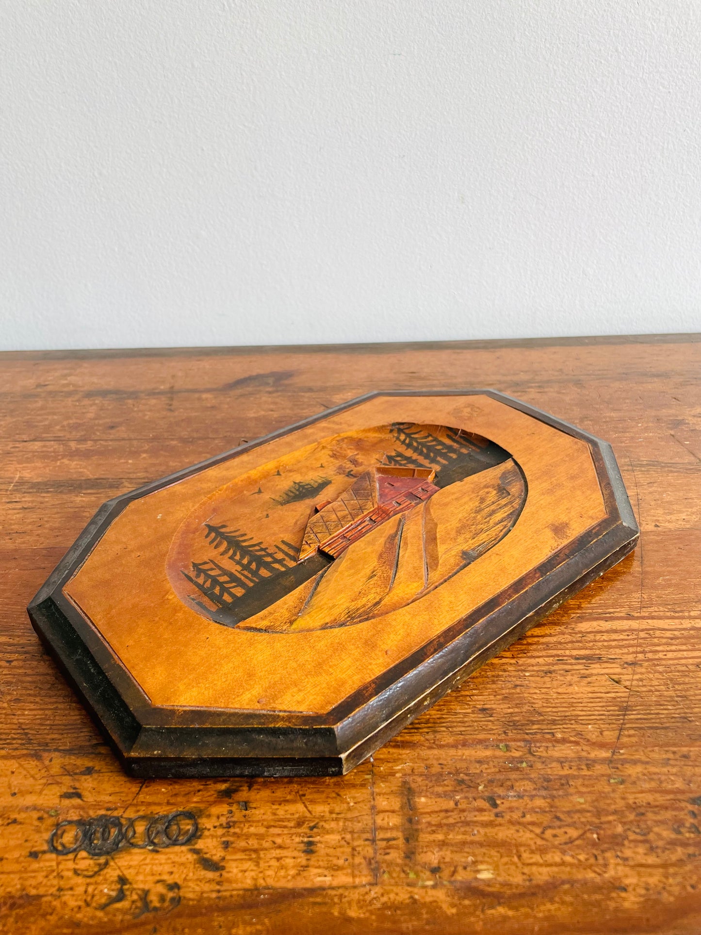 Red Cabin in Forest Picture - Carved from a Single Piece of Wood