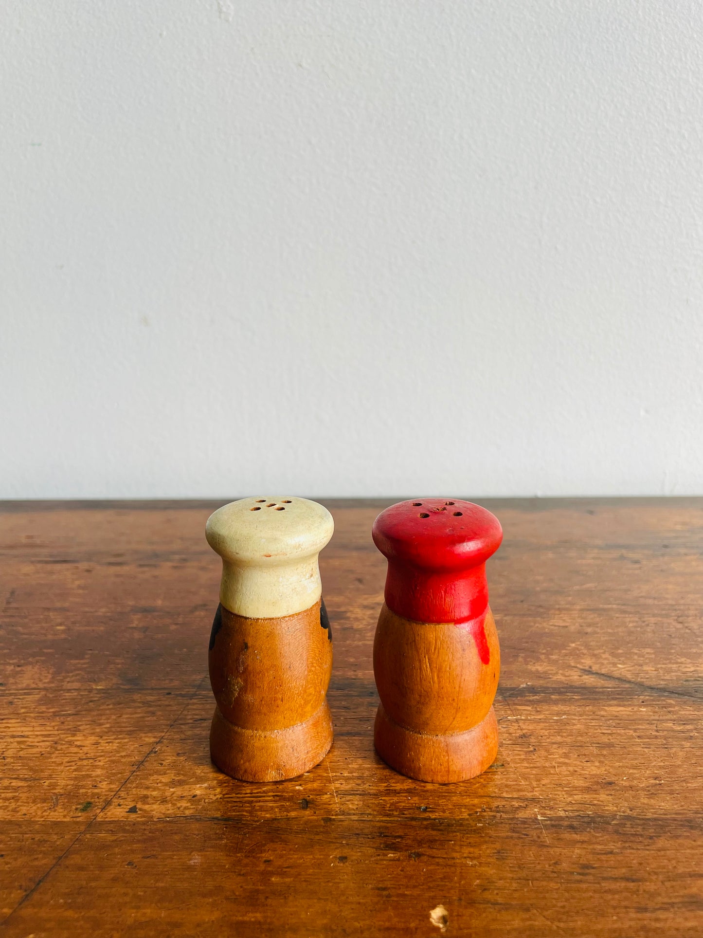 Adorable Wood Salt & Pepper Shakers with Hand Painted Faces