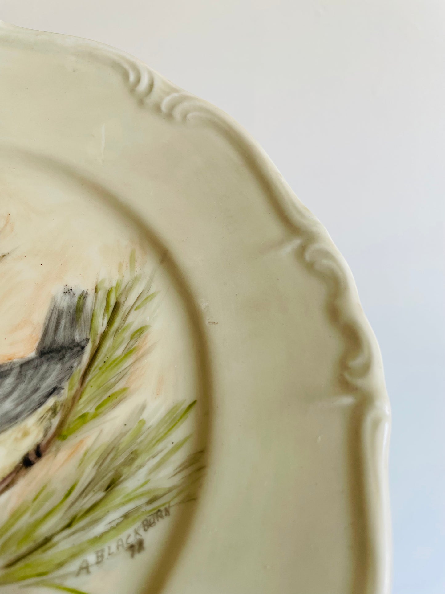Edelstein Bavaria Maria-Theresia Germany Plate - Hand Painted with Chickadee Bird Winter Scene by A. Blackburn in 1978