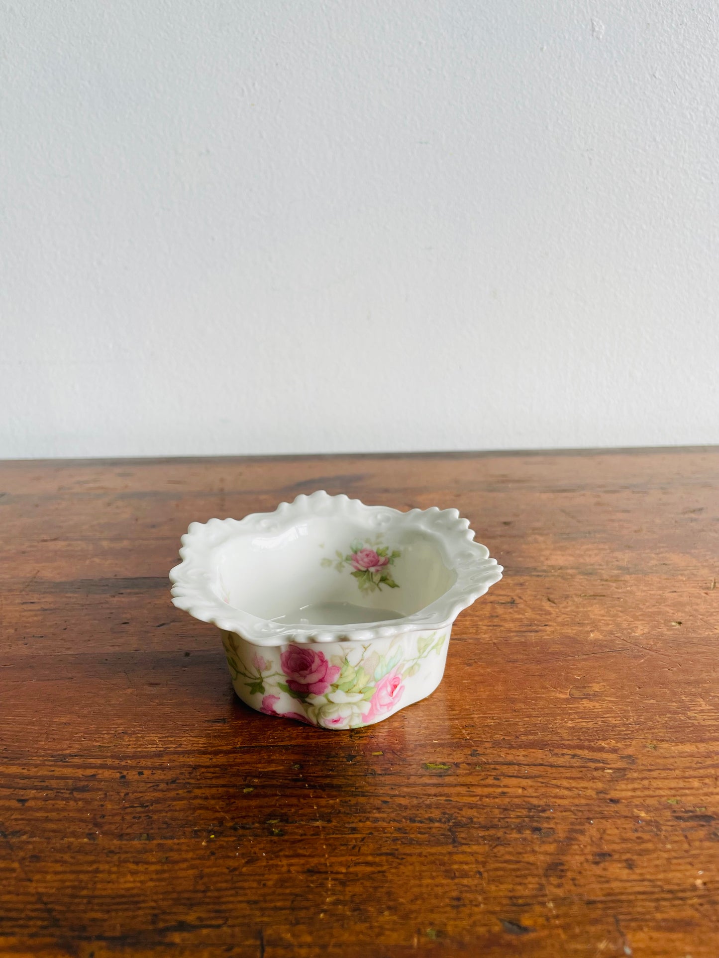 Antique MZ Moritz Zdekauer Austria Porcelain Ramekin or Custard Cup Dish with Pink Roses - Also Great for Jewellery!