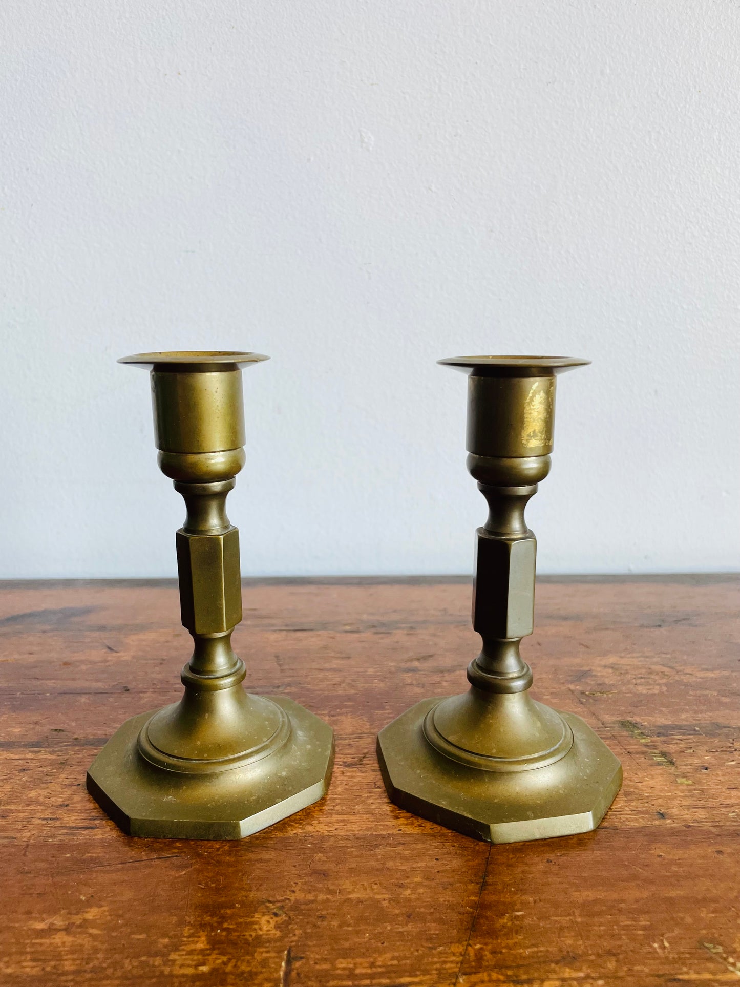 Vintage Solid Brass Candle Holders with Octagonal Base - Set of 2