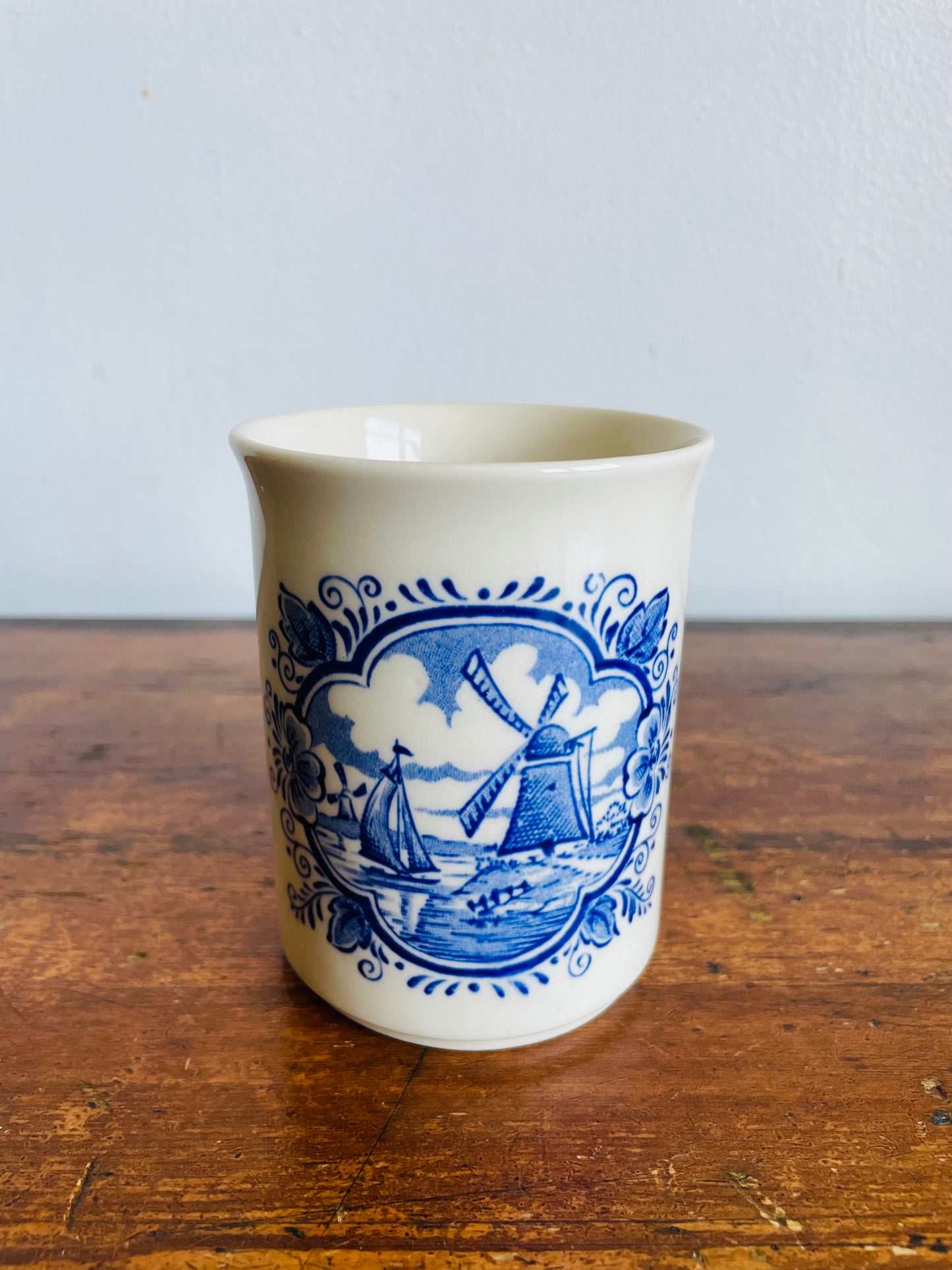 Vintage Blue & White Cup with Dutch Windmill & Sailboat Scene - English Ironstone Tableware - Vase, Pencils, Toothbrush Holder, Etc.
