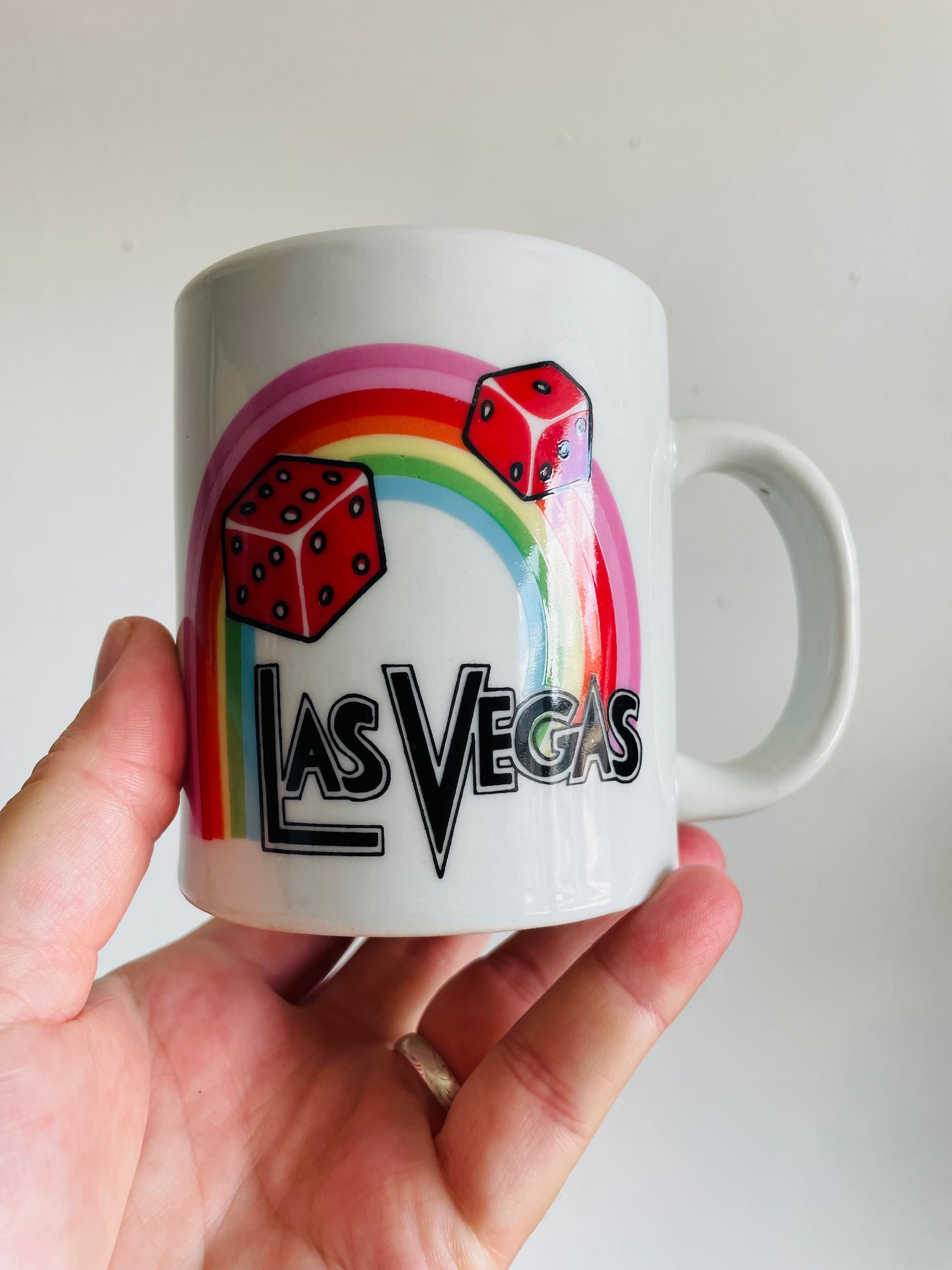 White Las Vegas Mug with Rainbow & Red Dice Graphic