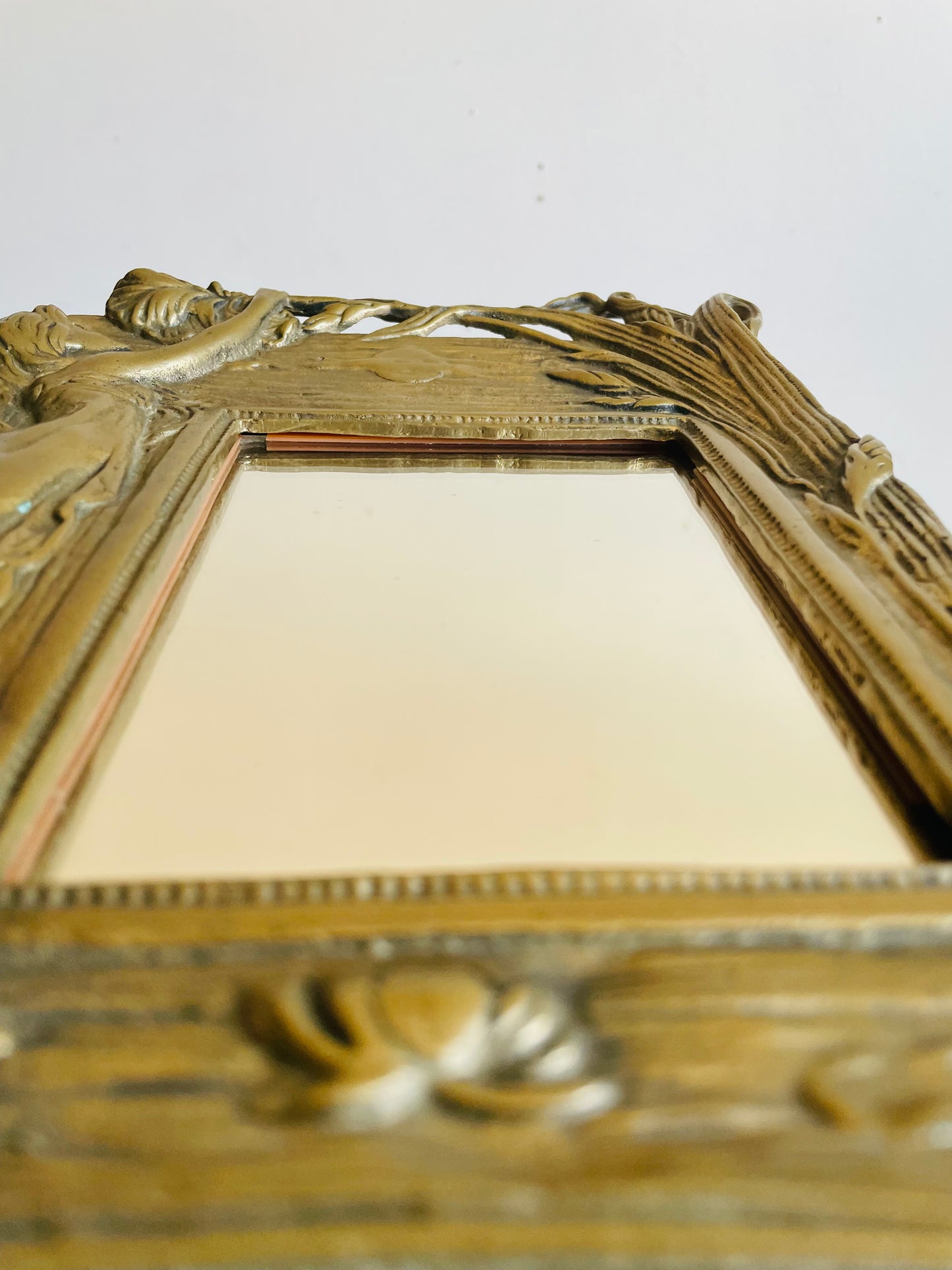 Vintage Heavy Brass Art Nouveau Easel Back Mirror with Fairy Nymph Maiden Under Sun with Flowers - Could Use as a Picture Frame as Well!