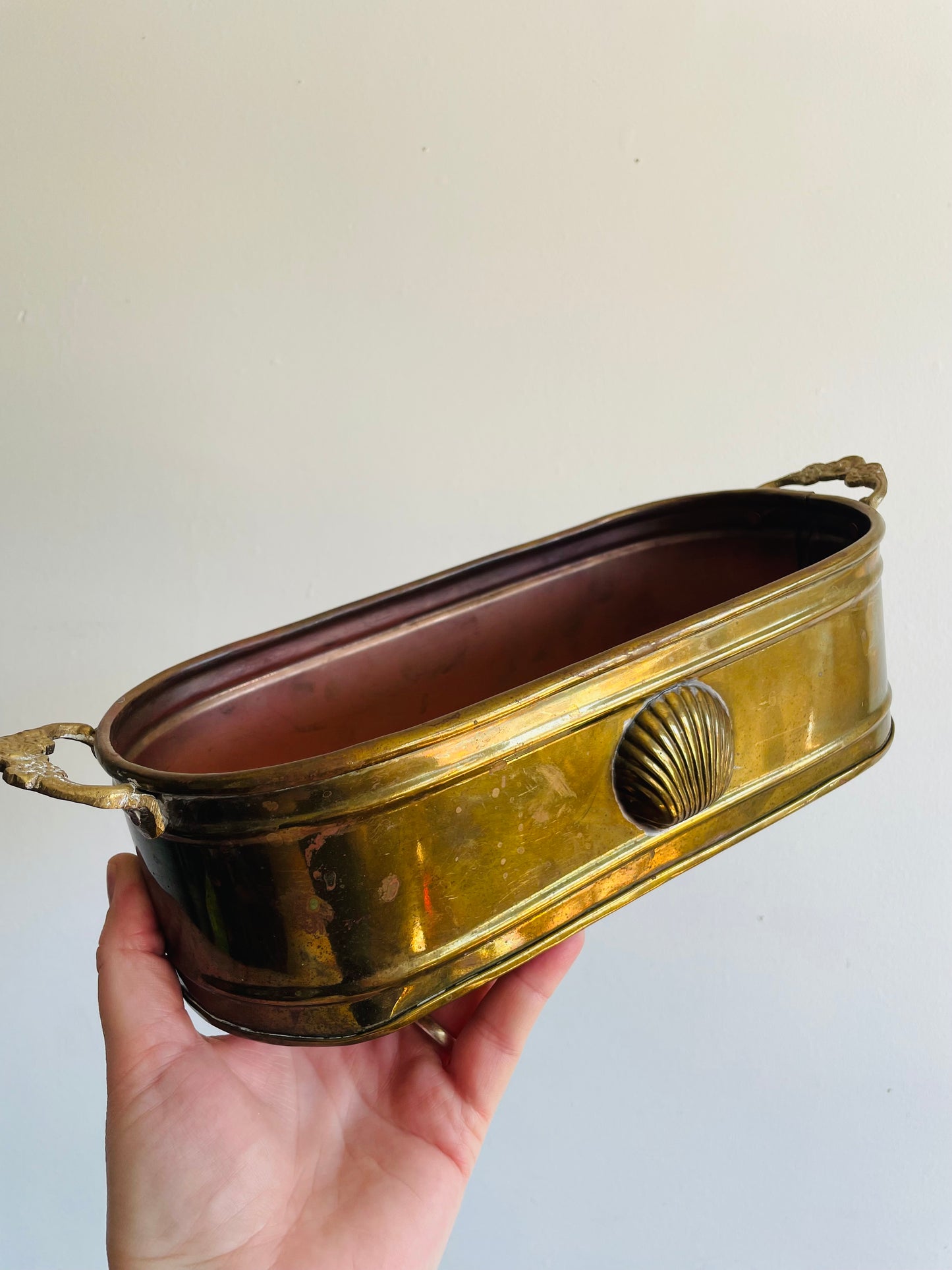Solid Brass Long Planter Trough with Floral Handles & Shell Design - Made in India