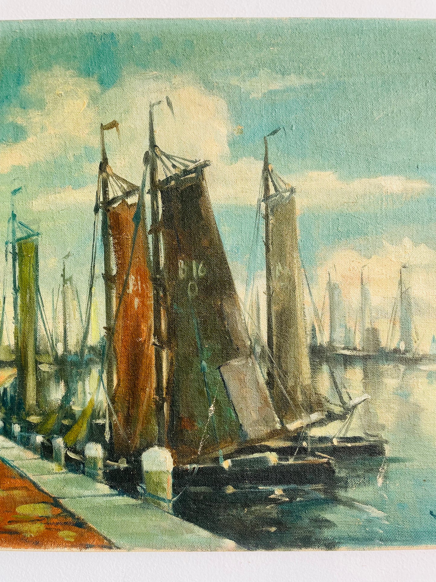 Vintage Original Art Nautical Painting of Ships in Harbour