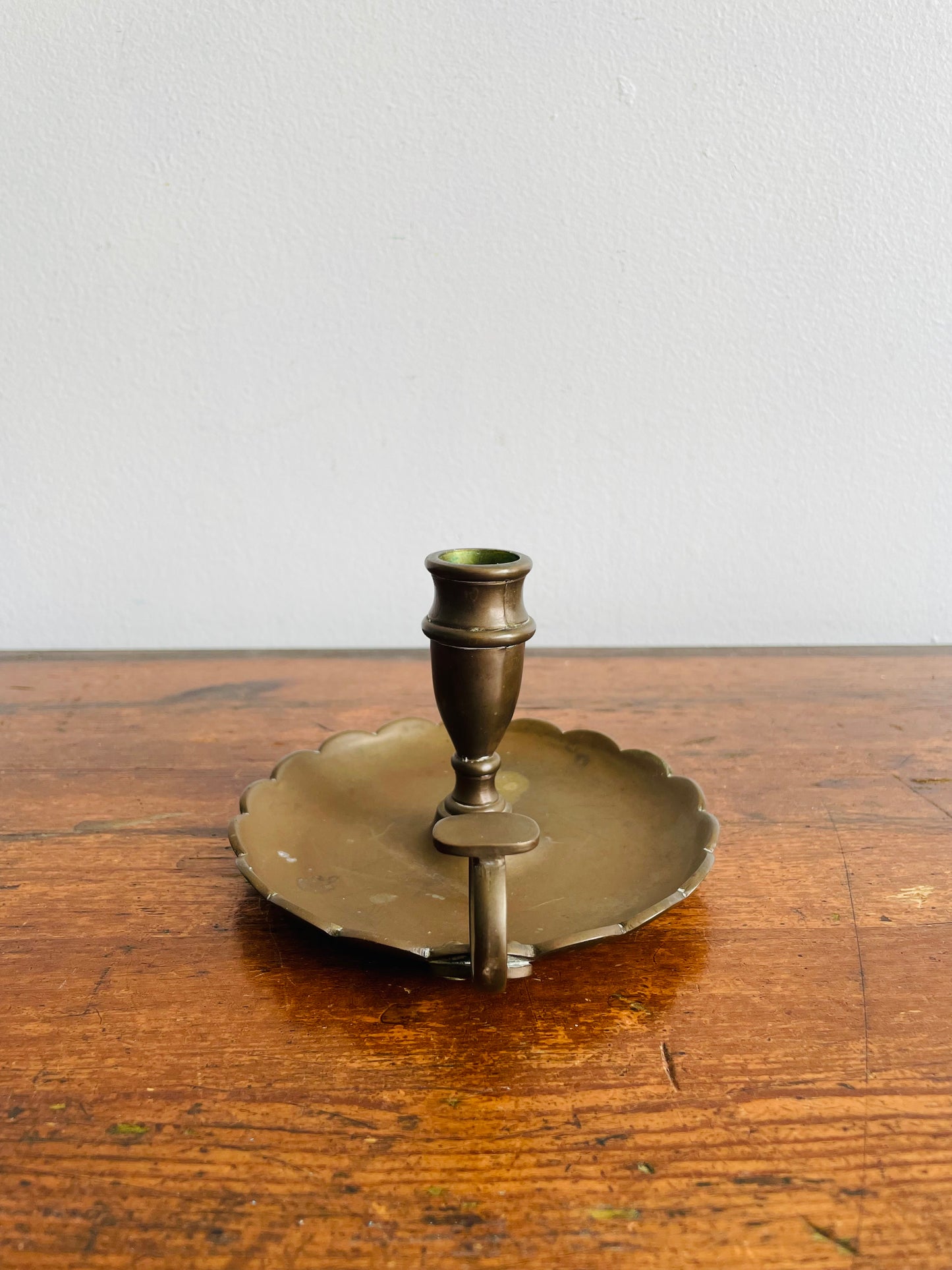 Antique Heavy & Solid Brass Chamberstick Candle Holder with Scalloped Edge