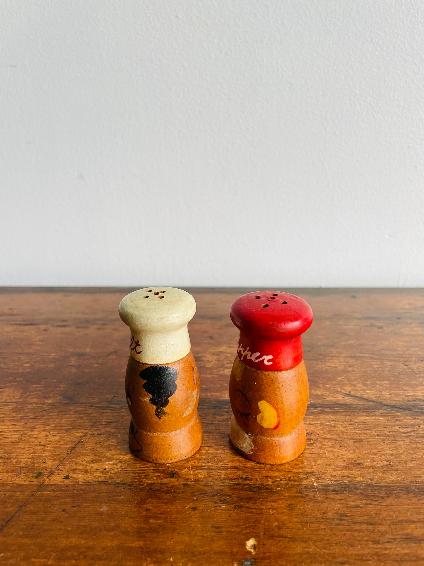 Adorable Wood Salt & Pepper Shakers with Hand Painted Faces