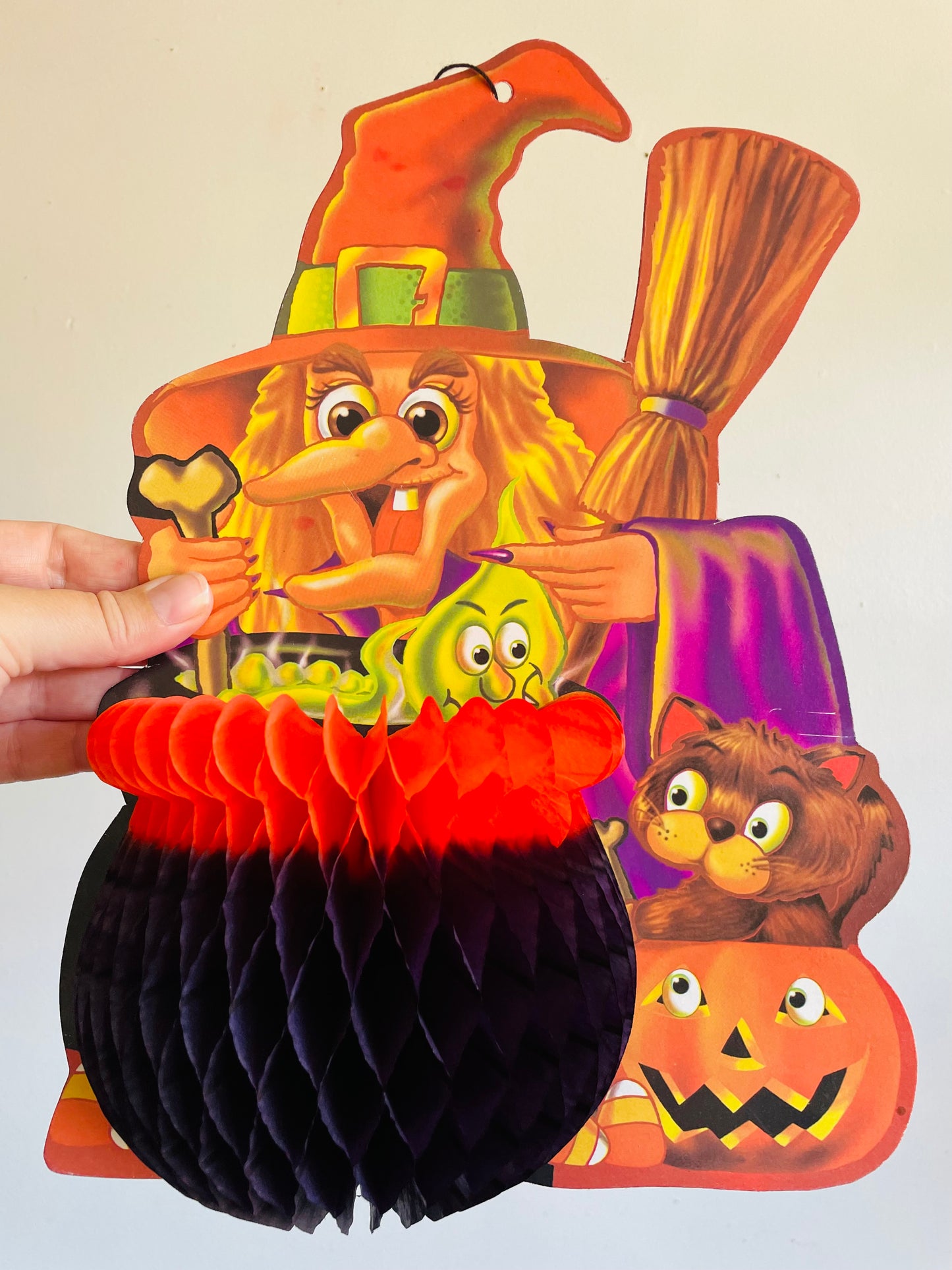 Vintage Cardboard & Tissue Honeycomb Halloween Decoration with Witch & Cauldron #2