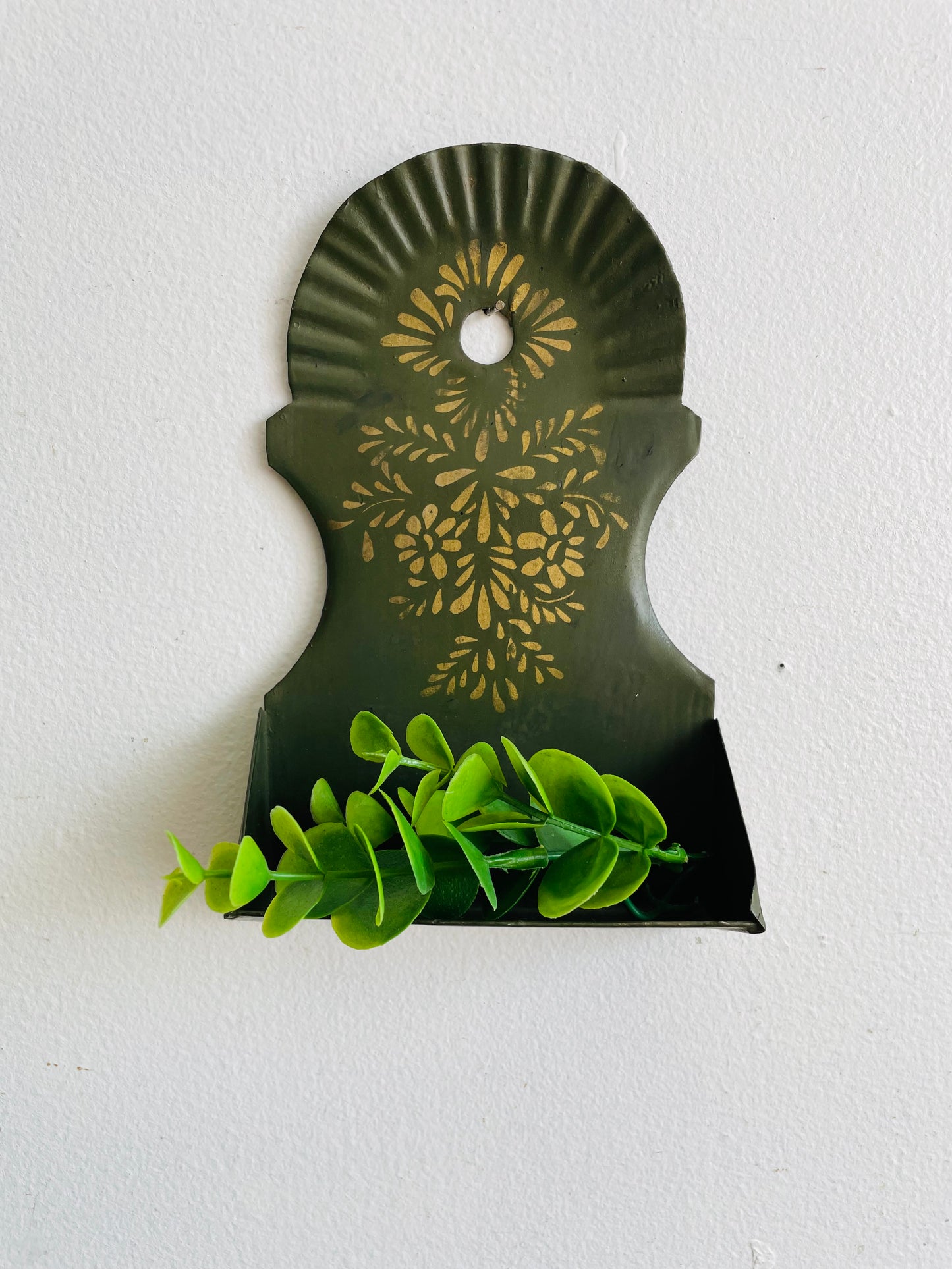 Antique 1880 Green Tin Toleware Match Safe - Wall Hanging Holder with Gold Flower Stencilled Design
