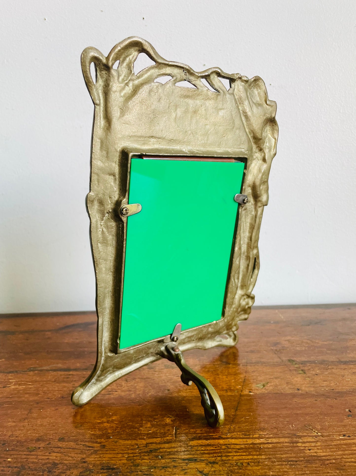 Vintage Heavy Brass Art Nouveau Easel Back Mirror with Fairy Nymph Maiden Under Sun with Flowers - Could Use as a Picture Frame as Well!