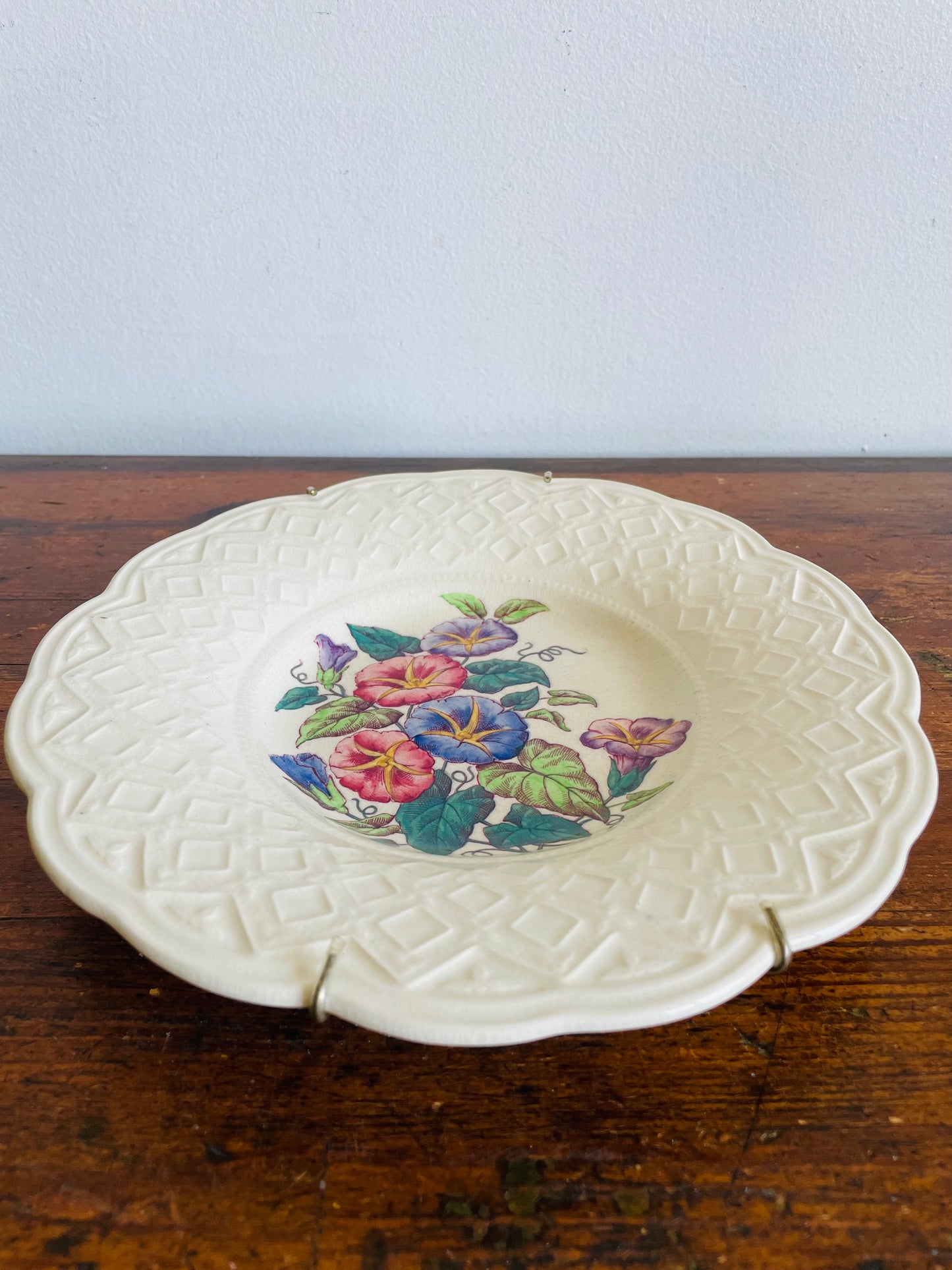 Vintage 1940s Morning Glory Wedgwood Etruria England Bowl Dish with Flower Design - Includes Wall Plate Hanger but Could Use Without