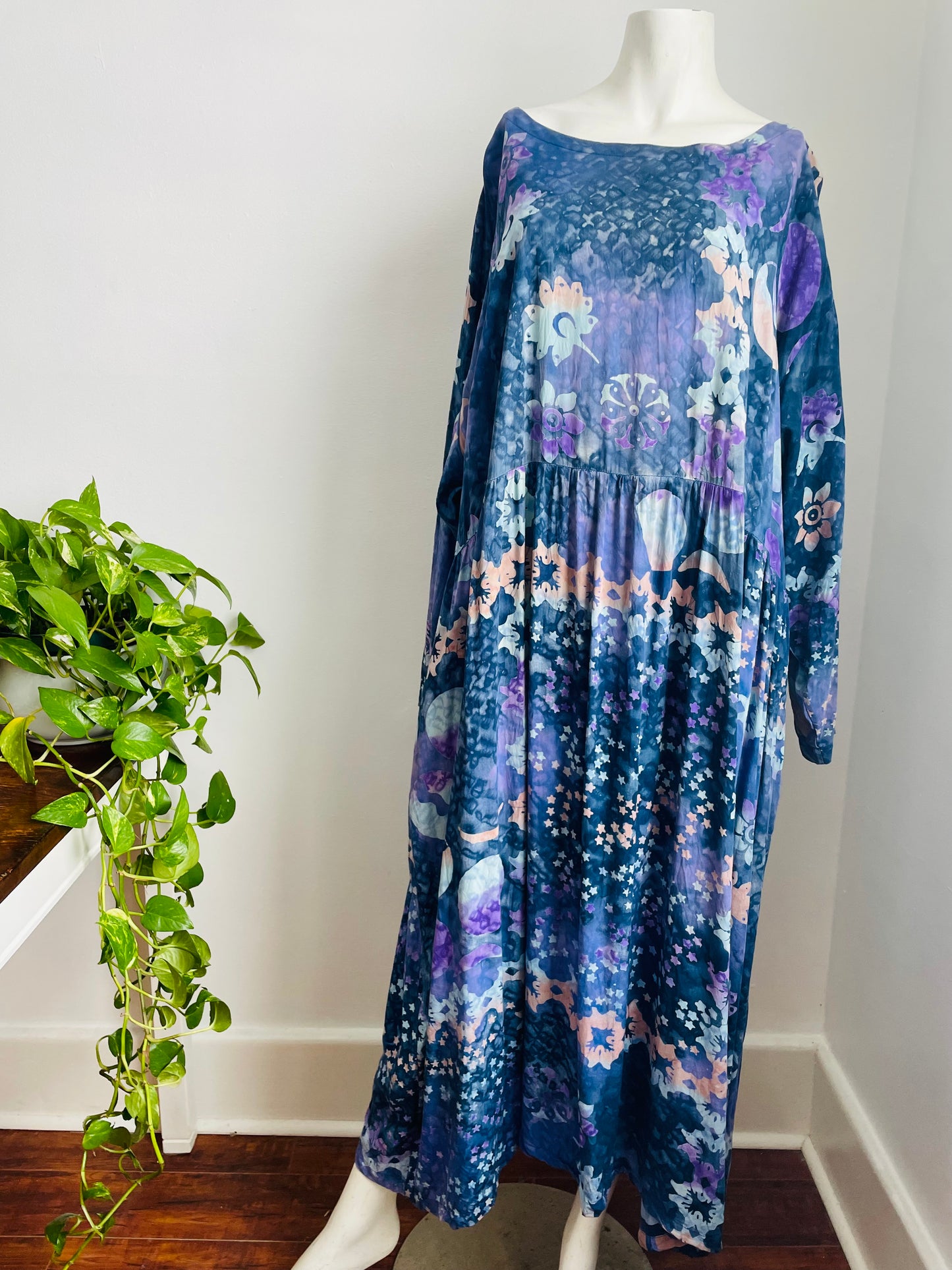 100% Rayon Maxi Dress with Pockets & Batik-Style Celestial Design - Made in Indonesia - Fits up to Size 4x