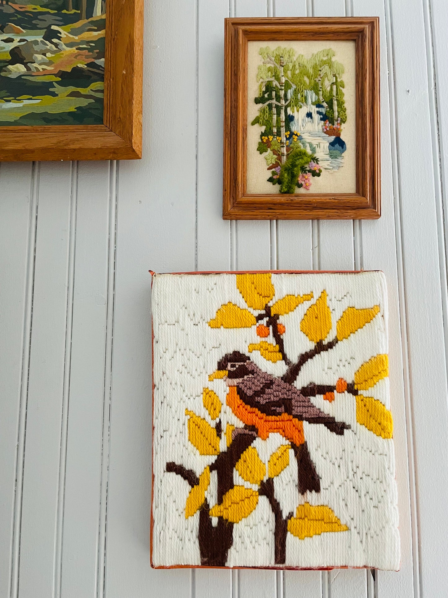 Crewel Embroidery Picture of Robin Bird in Tree