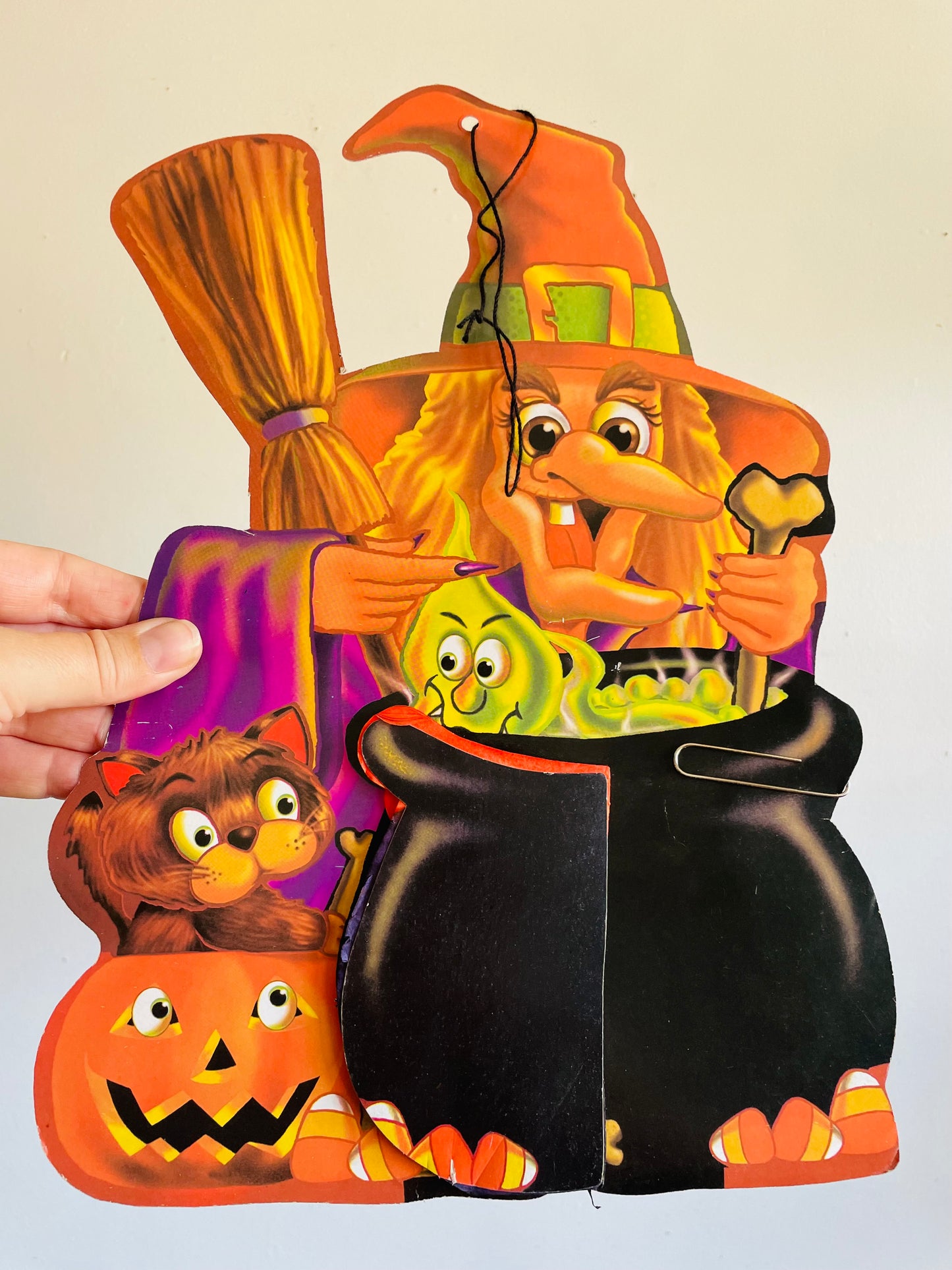 Vintage Cardboard & Tissue Honeycomb Halloween Decoration with Witch & Cauldron #2