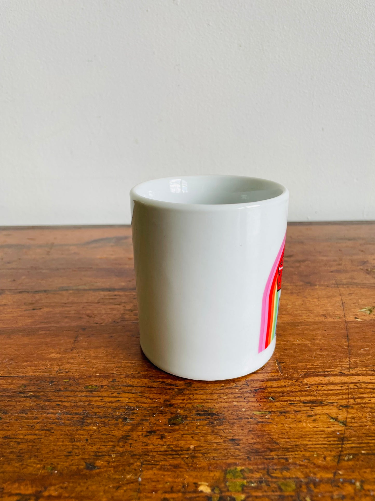 White Las Vegas Mug with Rainbow & Red Dice Graphic